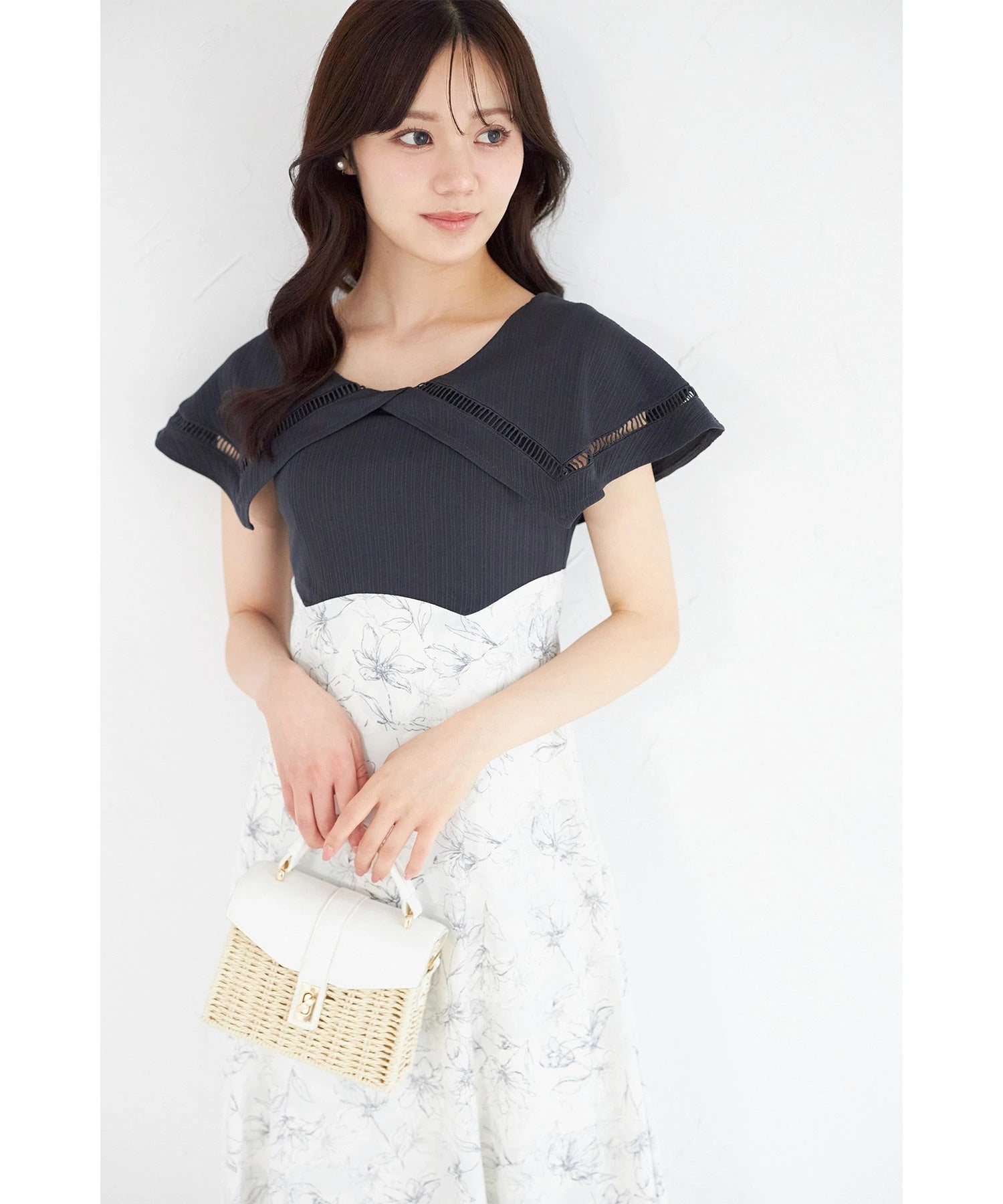 トッコクローゼット tocco closet ビックカラーバックレースアップドッキングワンピース ネイビー