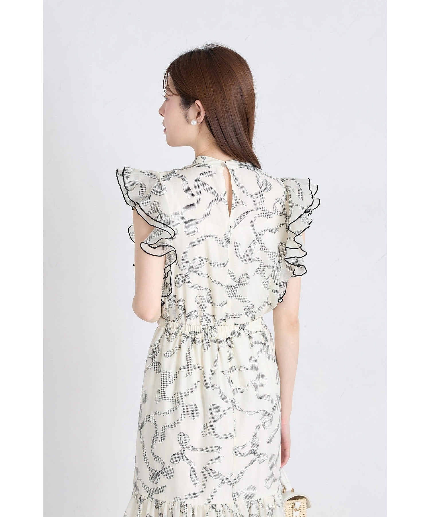 Tocco Closet Sheer Ribbon Print Ruffle Frill Blouse