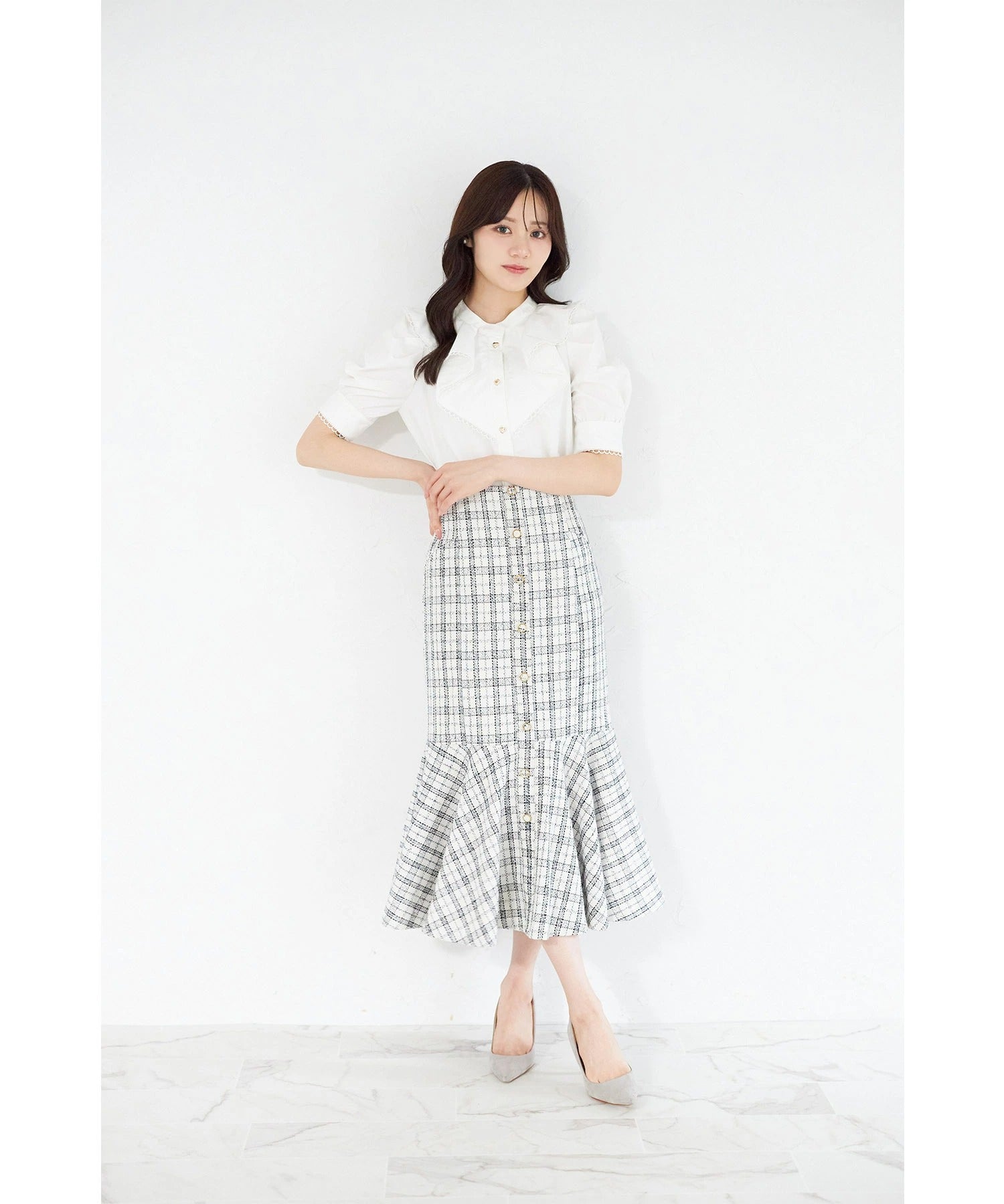 トッコクローゼット tocco closet 3WAYウエストリボン付きツイード切り替えスカート ホワイト