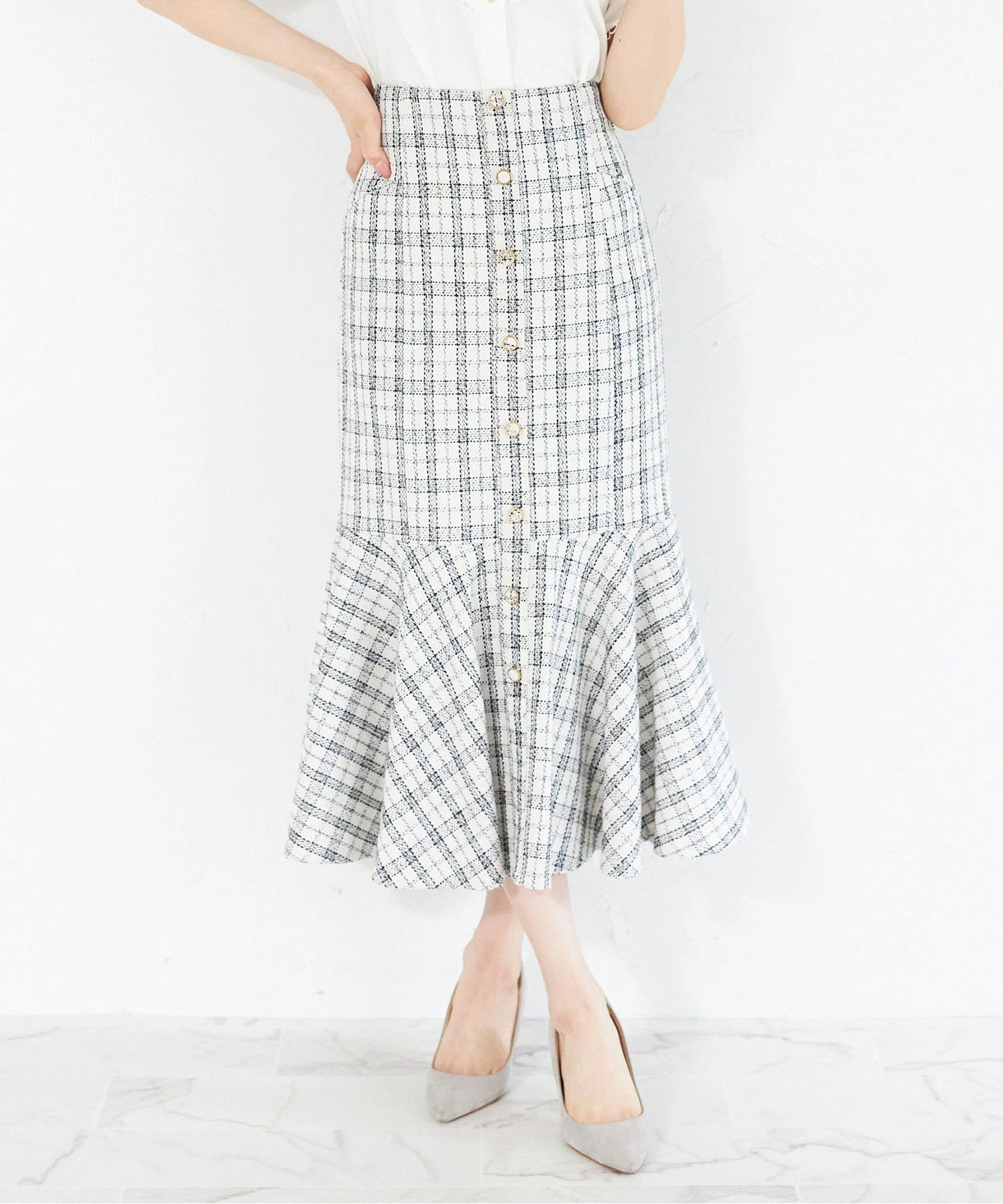 トッコクローゼット tocco closet 3WAYウエストリボン付きツイード切り替えスカート ホワイト