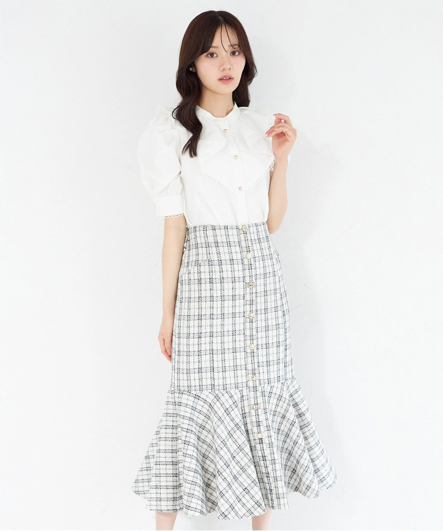 トッコクローゼット tocco closet 3WAYウエストリボン付きツイード切り替えスカート ホワイト
