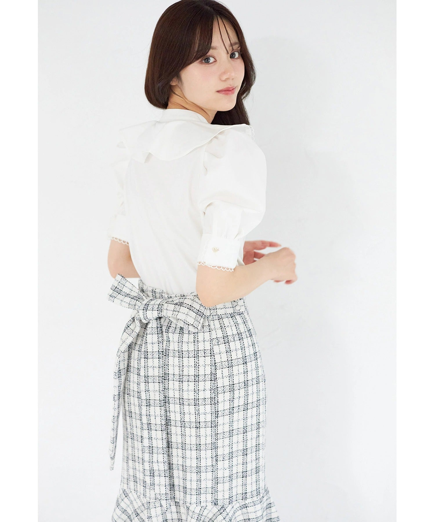 トッコクローゼット tocco closet 3WAYウエストリボン付きツイード切り替えスカート ホワイト