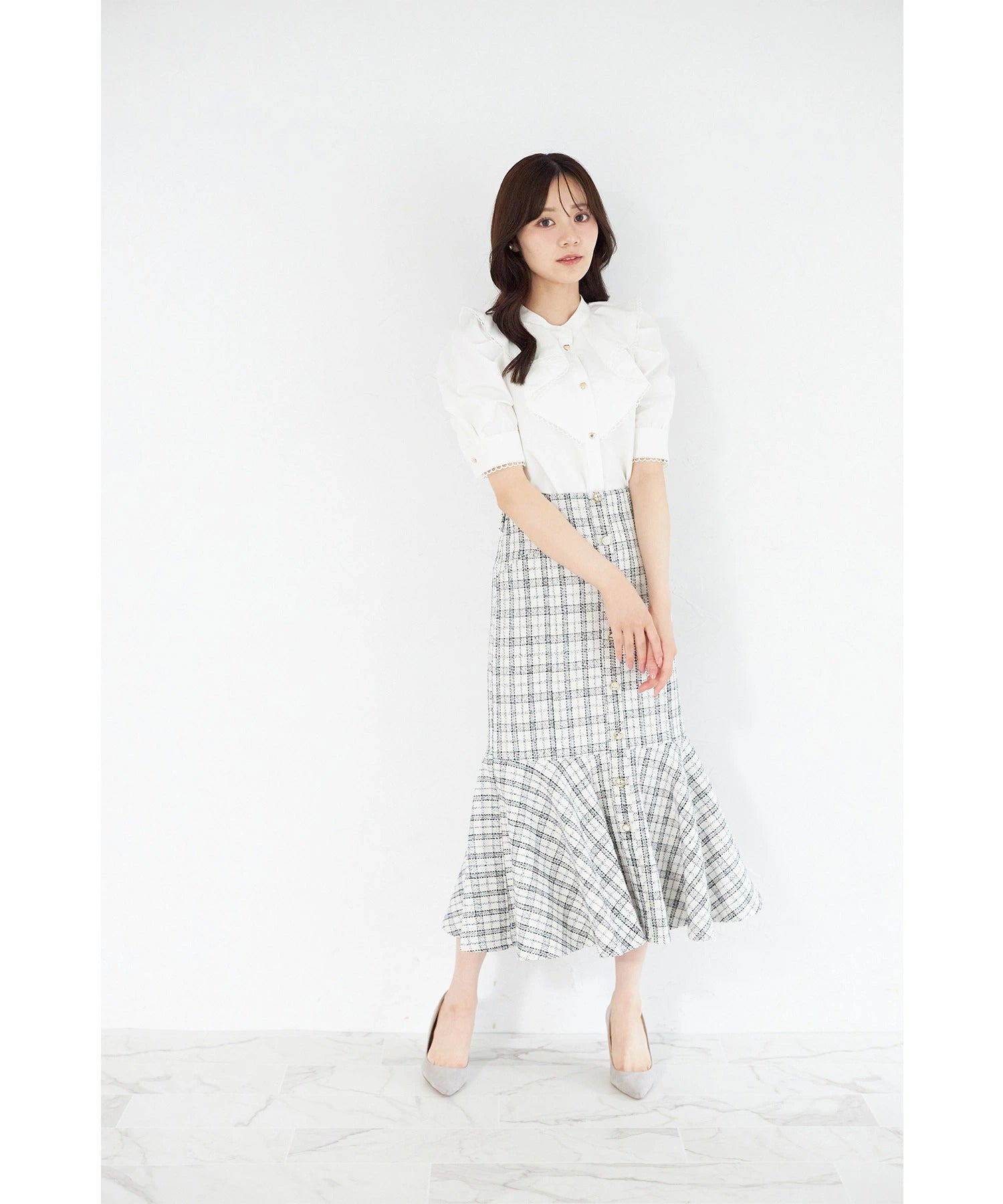 トッコクローゼット tocco closet 3WAYウエストリボン付きツイード切り替えスカート ホワイト
