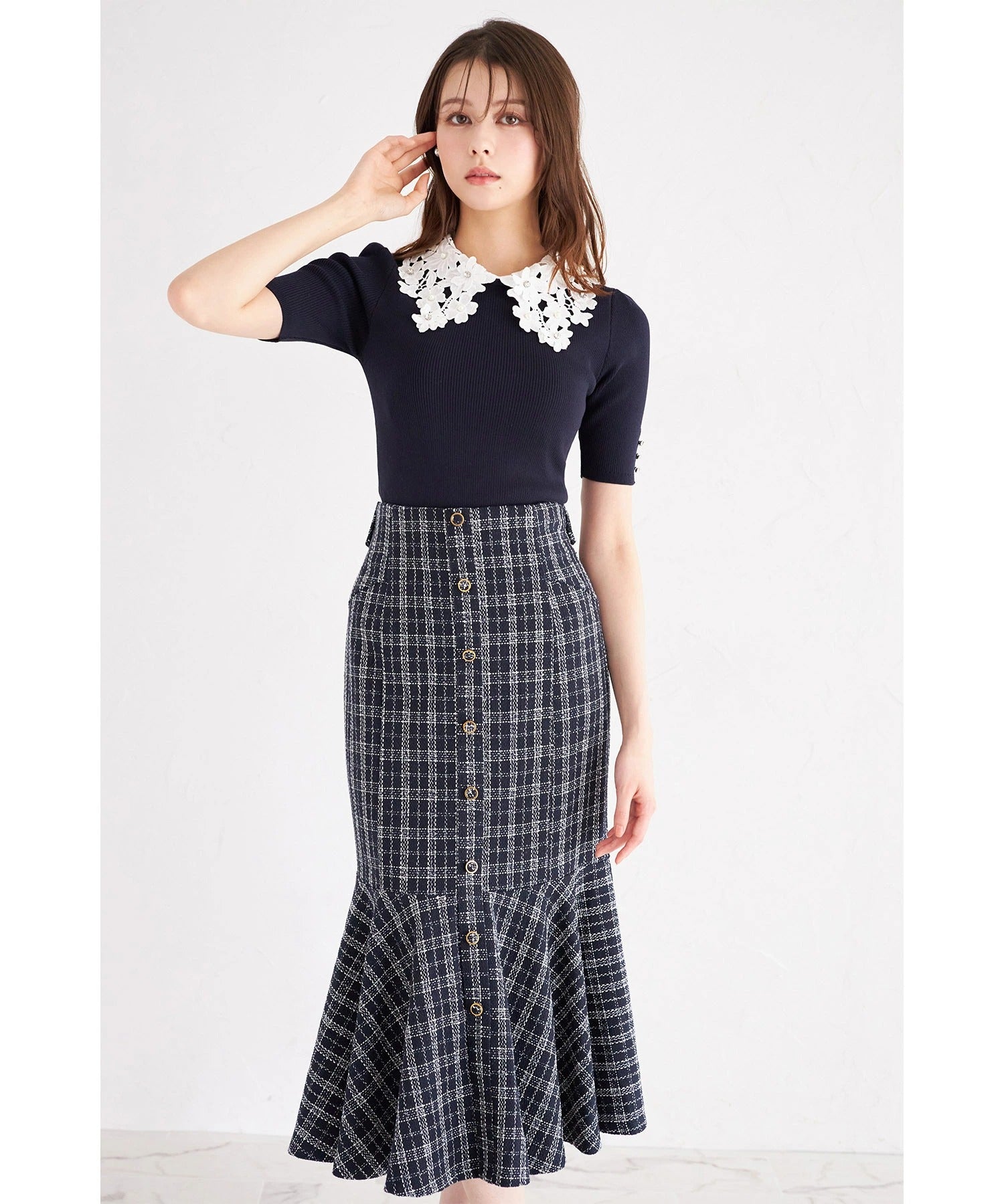 トッコクローゼット tocco closet 3WAYウエストリボン付きツイード切り替えスカート ネイビー