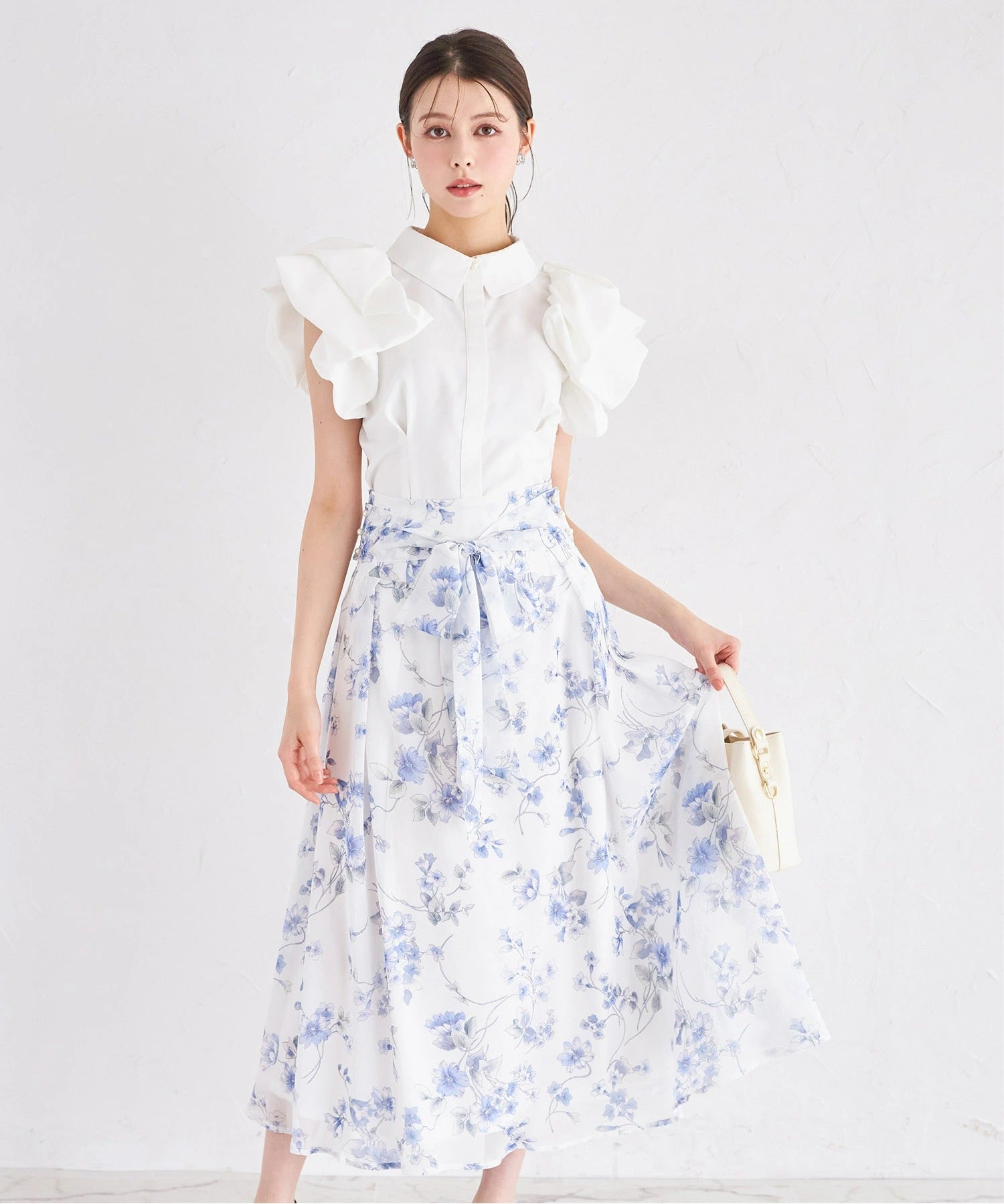 トッコクローゼット tocco closet 3WAYウエストリボン付きフラワープリントフレアスカート ブルー