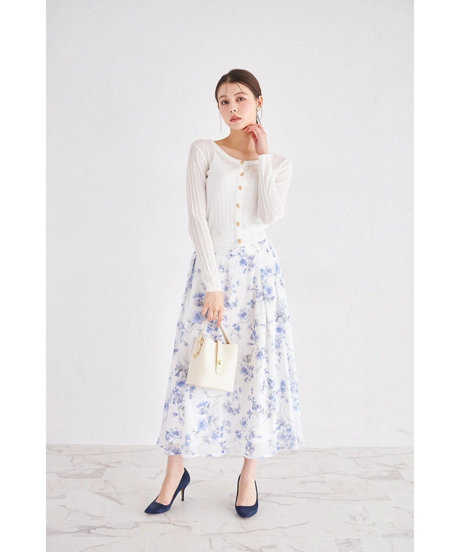 トッコクローゼット tocco closet 3WAYウエストリボン付きフラワープリントフレアスカート ブルー