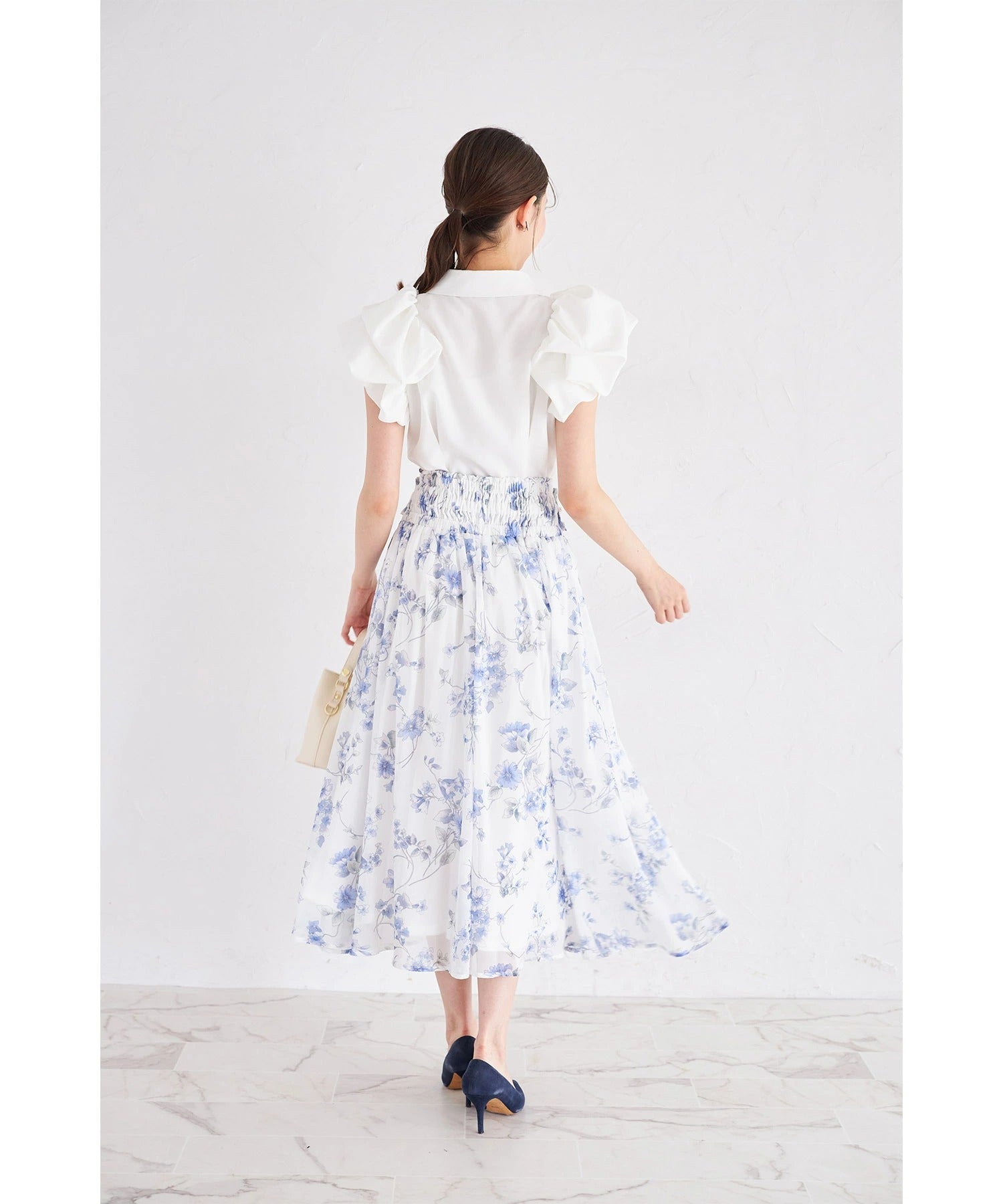 トッコクローゼット tocco closet 3WAYウエストリボン付きフラワープリントフレアスカート ブルー