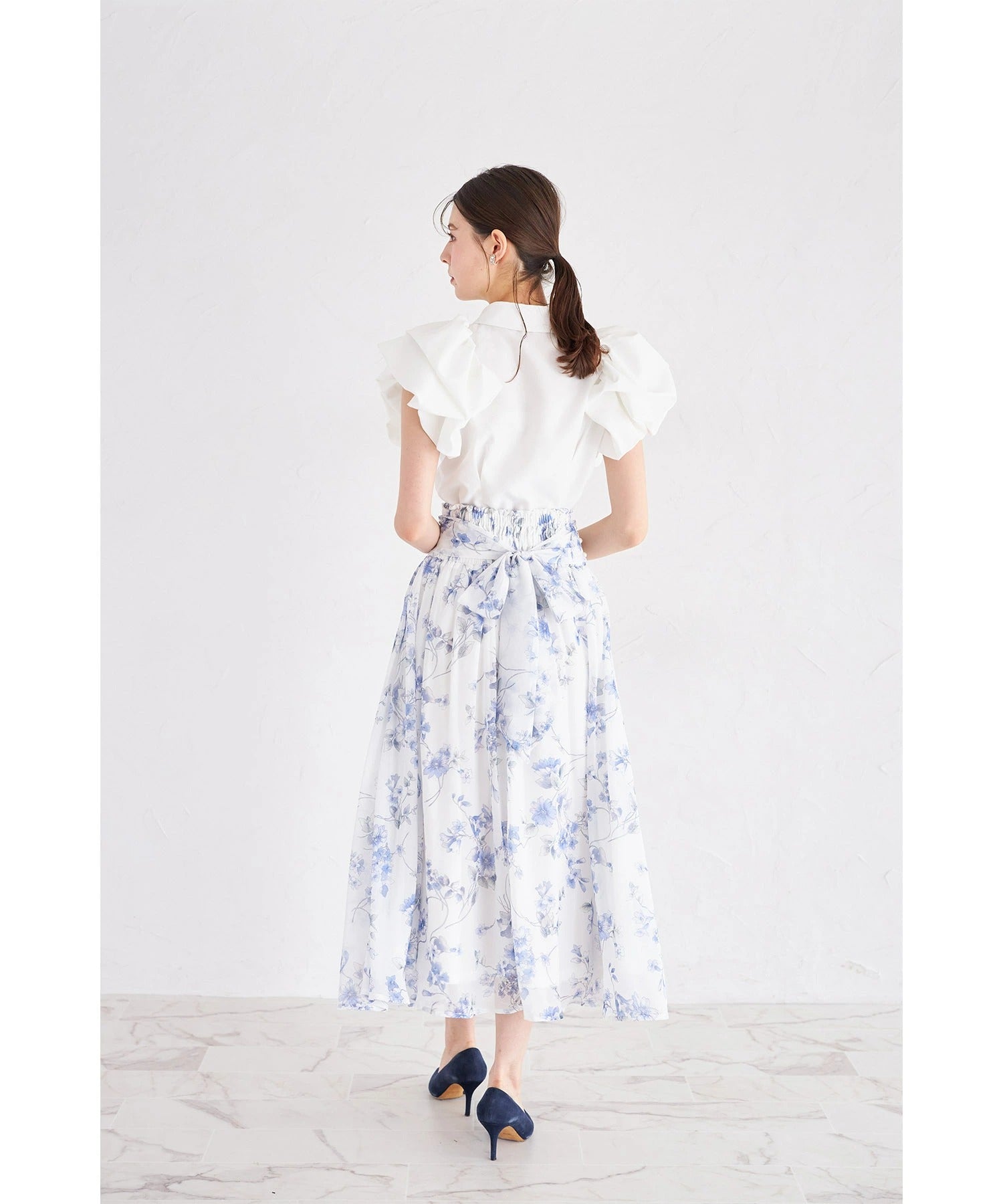 トッコクローゼット tocco closet 3WAYウエストリボン付きフラワープリントフレアスカート ブルー