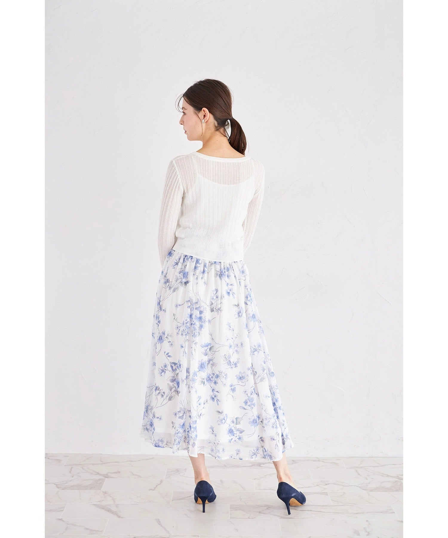 トッコクローゼット tocco closet 3WAYウエストリボン付きフラワープリントフレアスカート ブルー