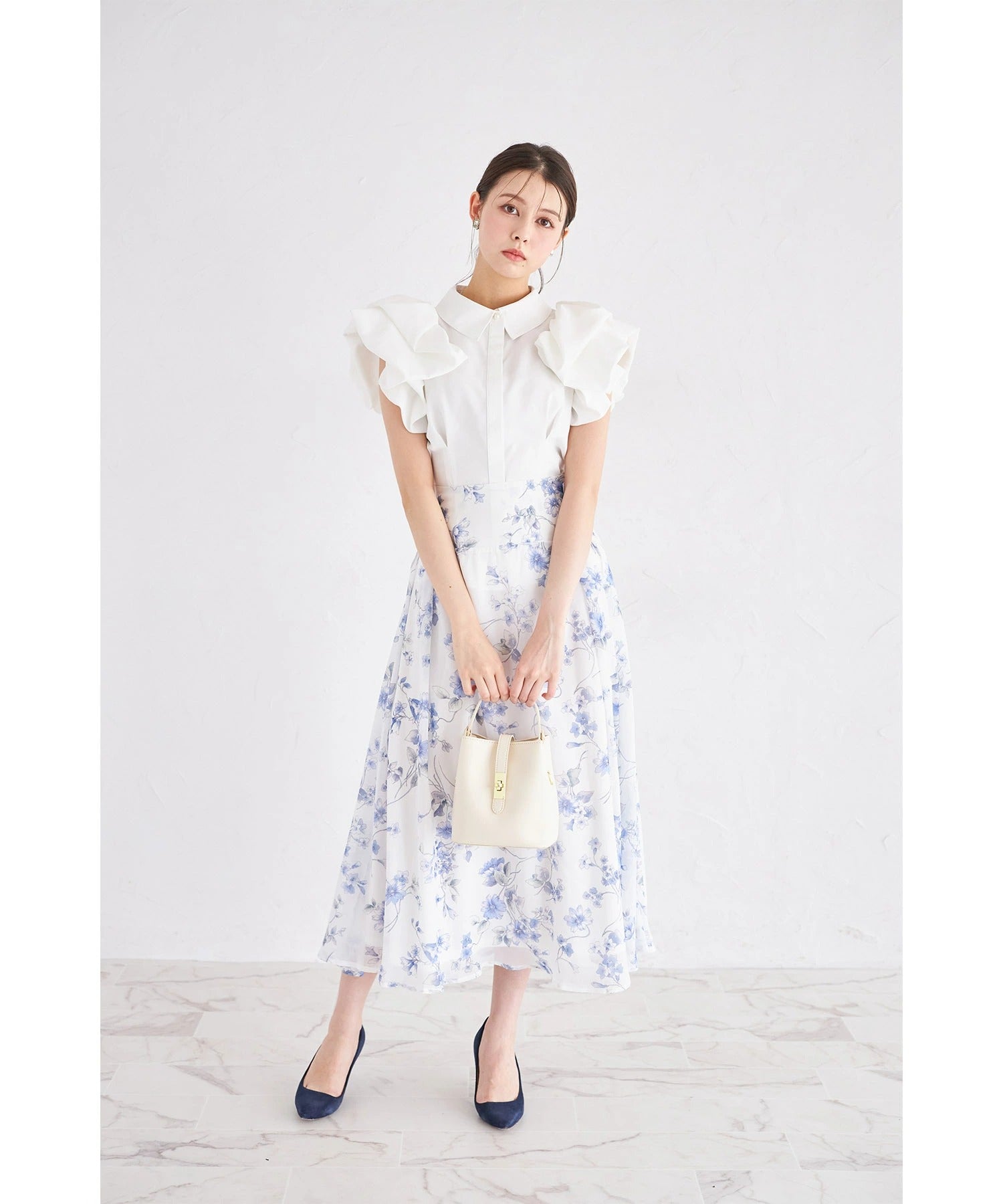 トッコクローゼット tocco closet 3WAYウエストリボン付きフラワープリントフレアスカート ブルー
