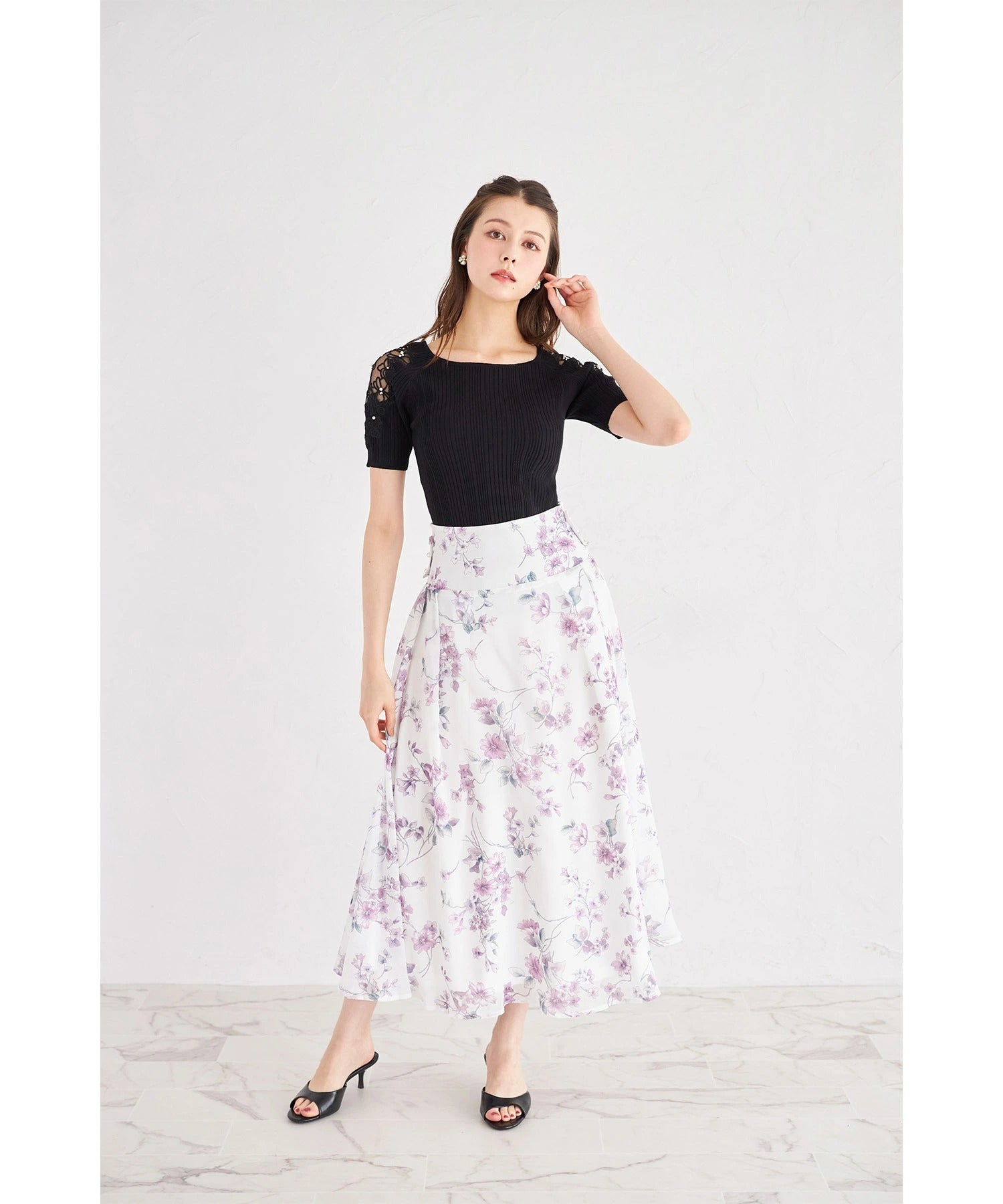 トッコクローゼット tocco closet 3WAYウエストリボン付きフラワープリントフレアスカート ピンク