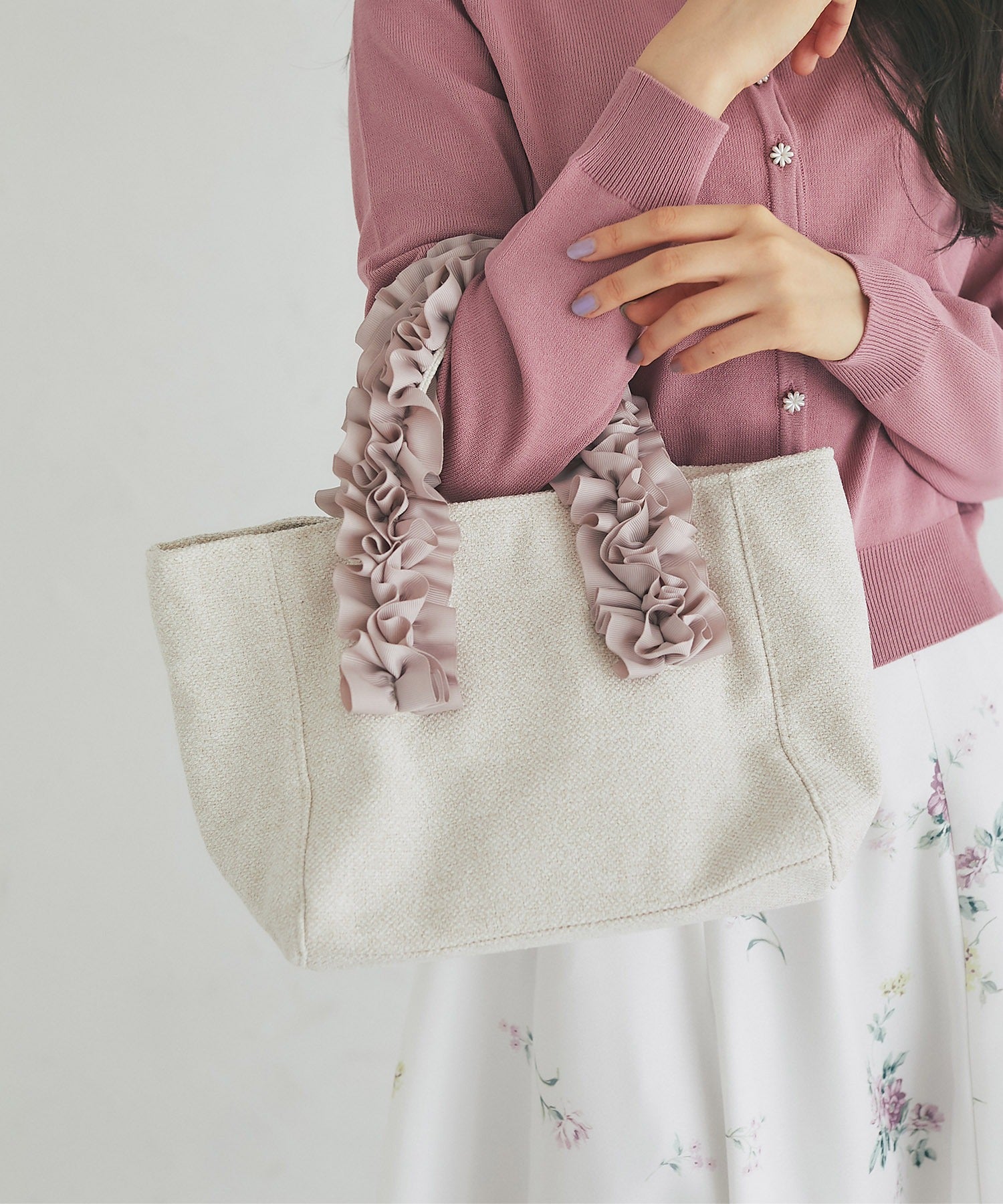 トッコクローゼット tocco closet サマーツイードハンドルフリルトートバッグ ピンク