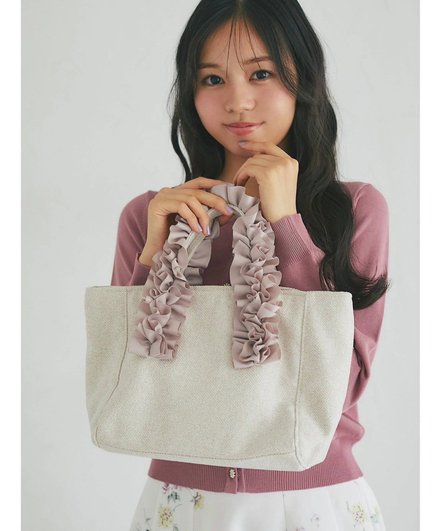 トッコクローゼット tocco closet サマーツイードハンドルフリルトートバッグ ピンク