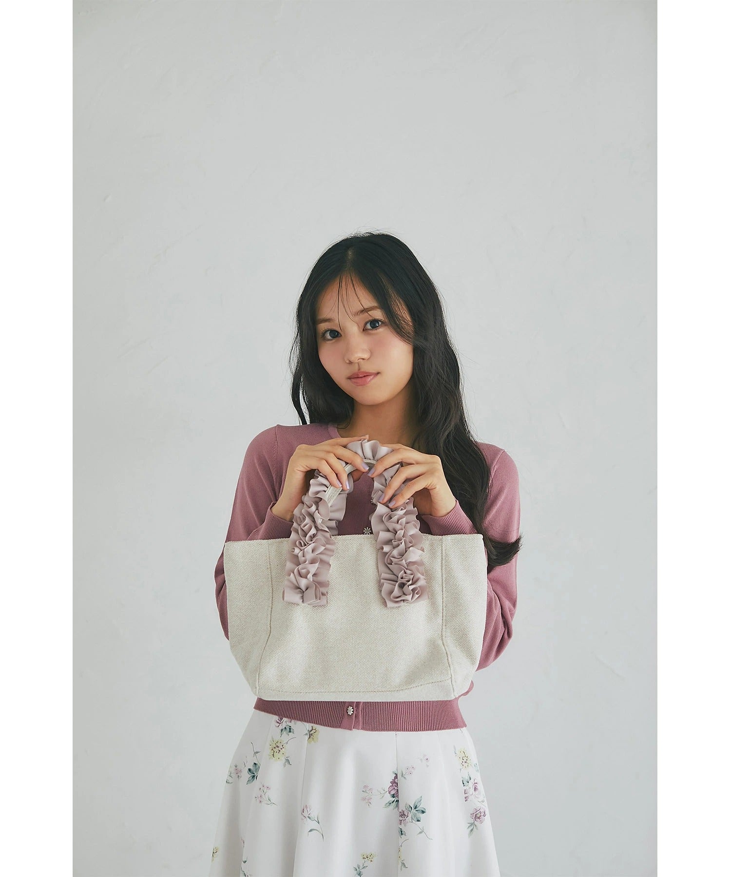トッコクローゼット tocco closet サマーツイードハンドルフリルトートバッグ ピンク