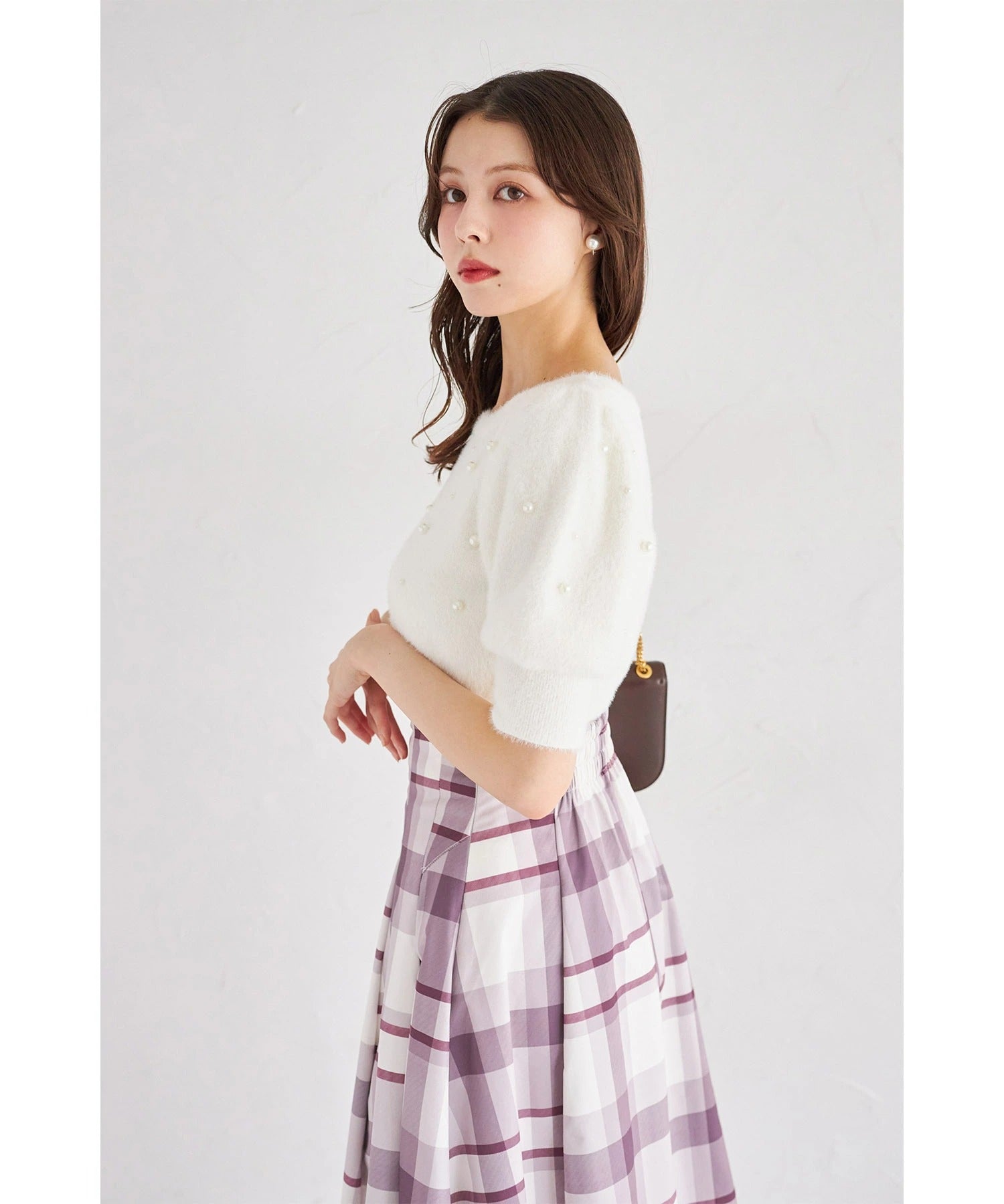トッコクローゼット tocco closet パール付き半袖シャギーニットプルオーバー ホワイト