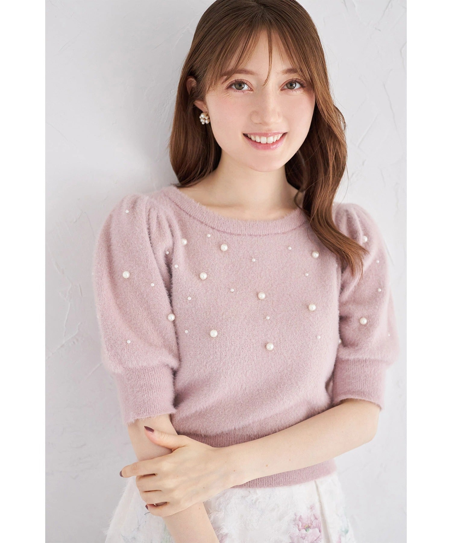 トッコクローゼット tocco closet パール付き半袖シャギーニットプルオーバー ピンク