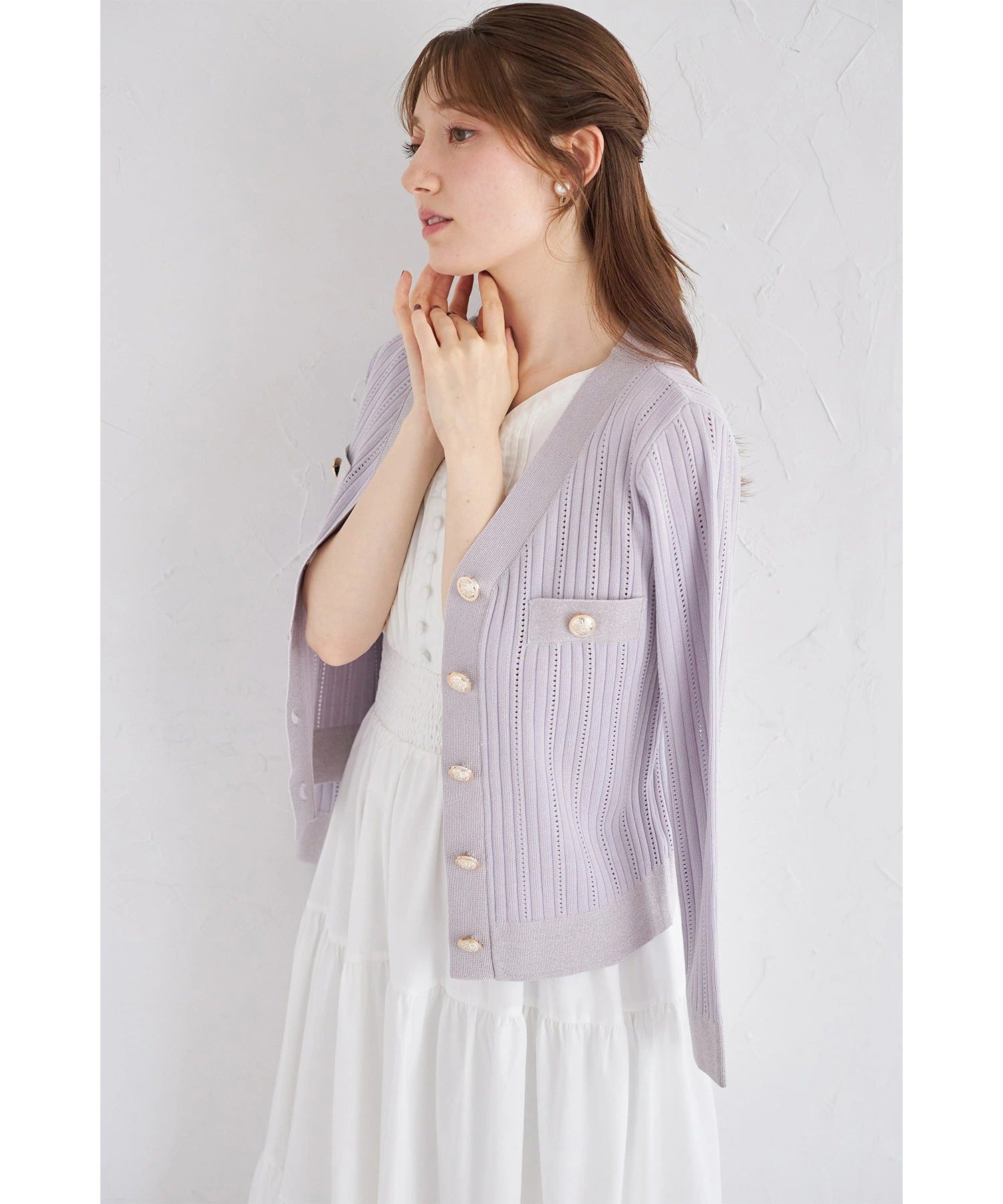 トッコクローゼット tocco closet 透かし編み切り替えラメニットカーディガン パープル