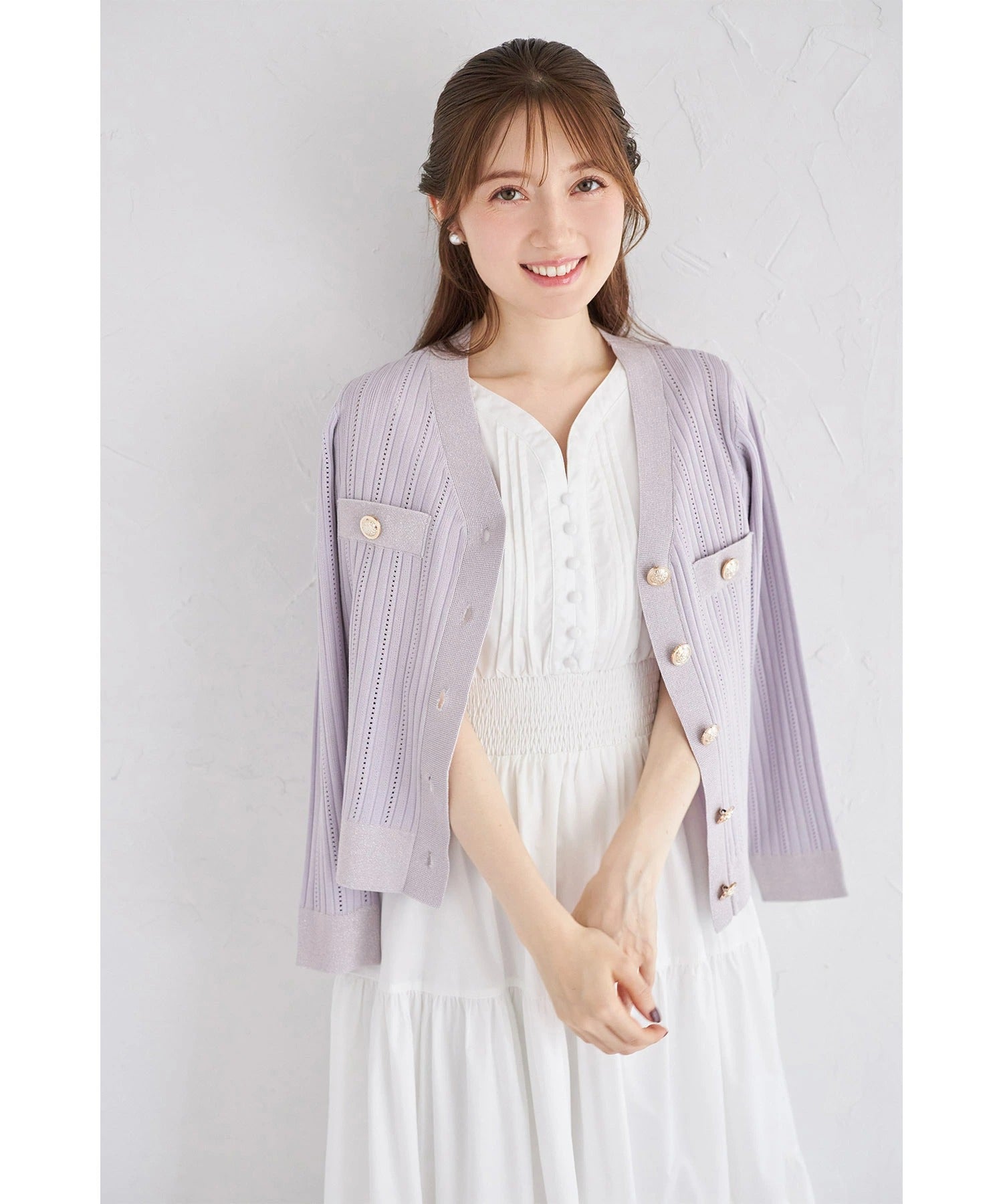 トッコクローゼット tocco closet 透かし編み切り替えラメニットカーディガン パープル