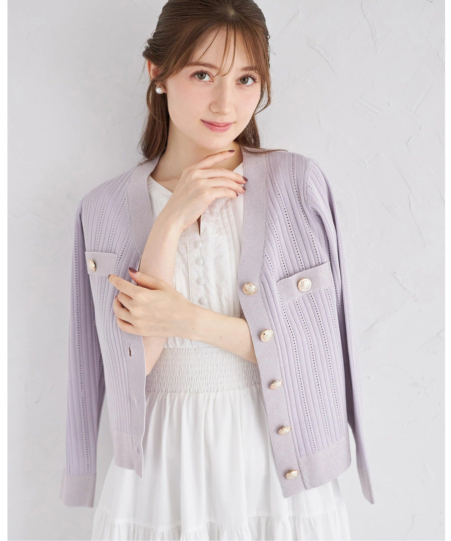トッコクローゼット tocco closet 透かし編み切り替えラメニットカーディガン パープル