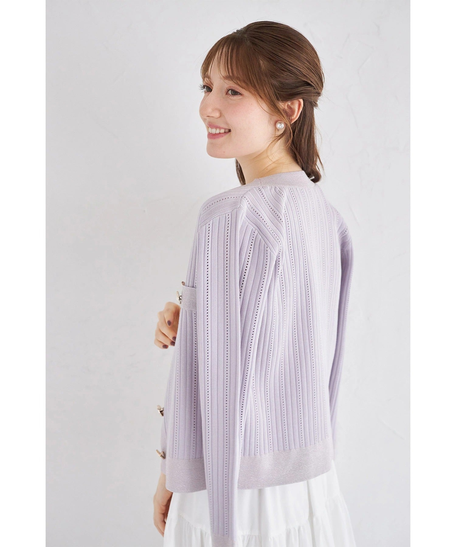 トッコクローゼット tocco closet 透かし編み切り替えラメニットカーディガン パープル