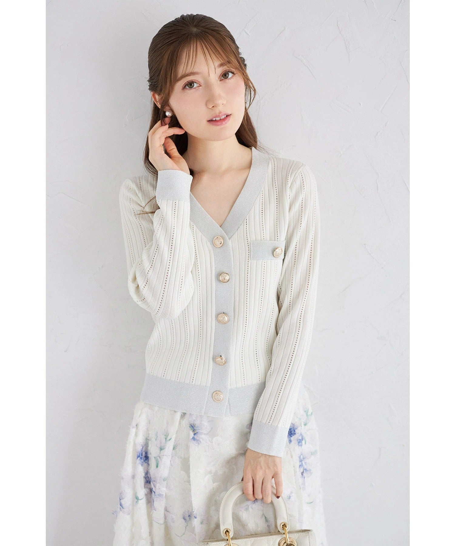 トッコクローゼット tocco closet 透かし編み切り替えラメニットカーディガン ホワイト