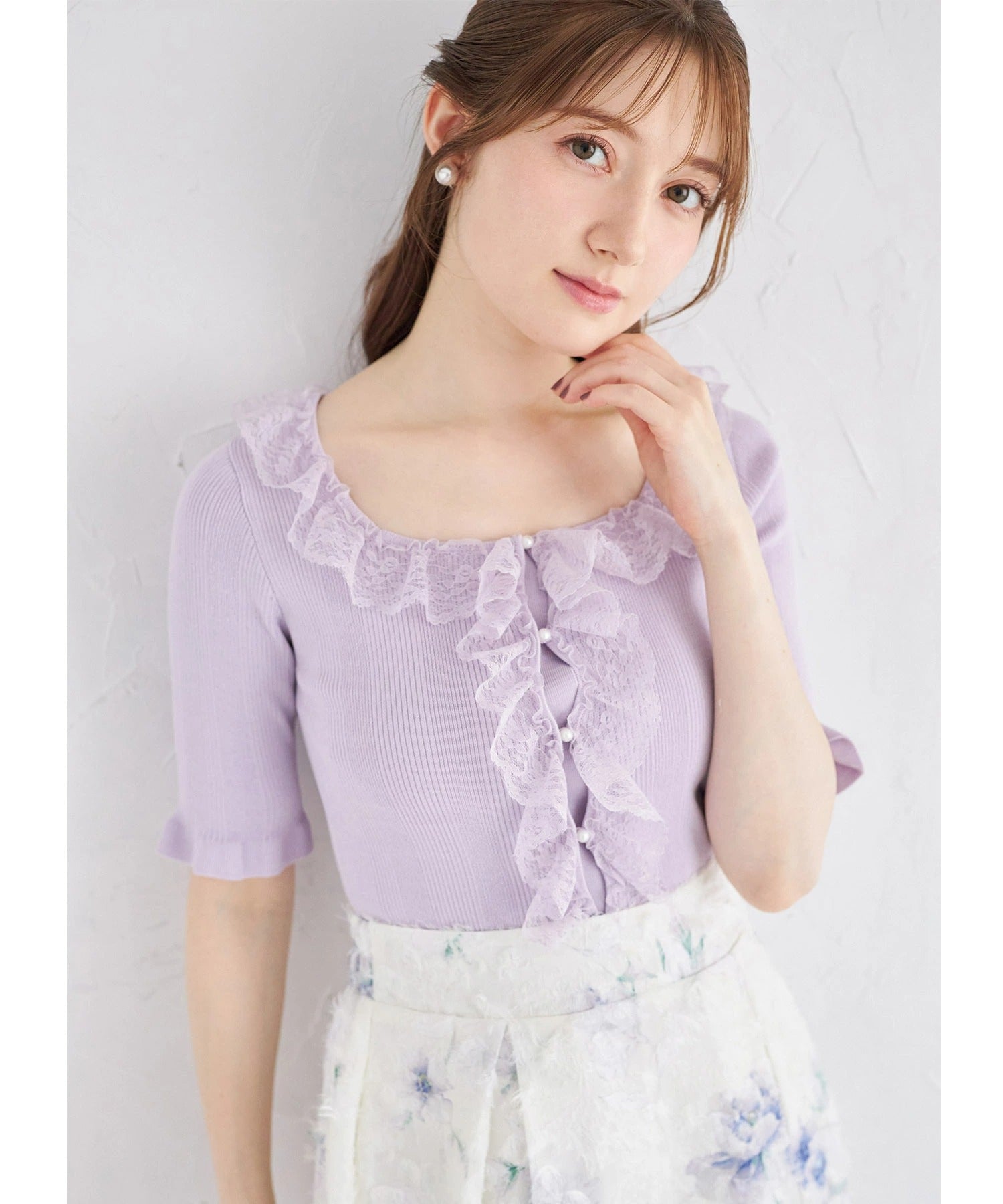 トッコクローゼット tocco closet スクエアネックレースフリルニットプルオーバー パープル