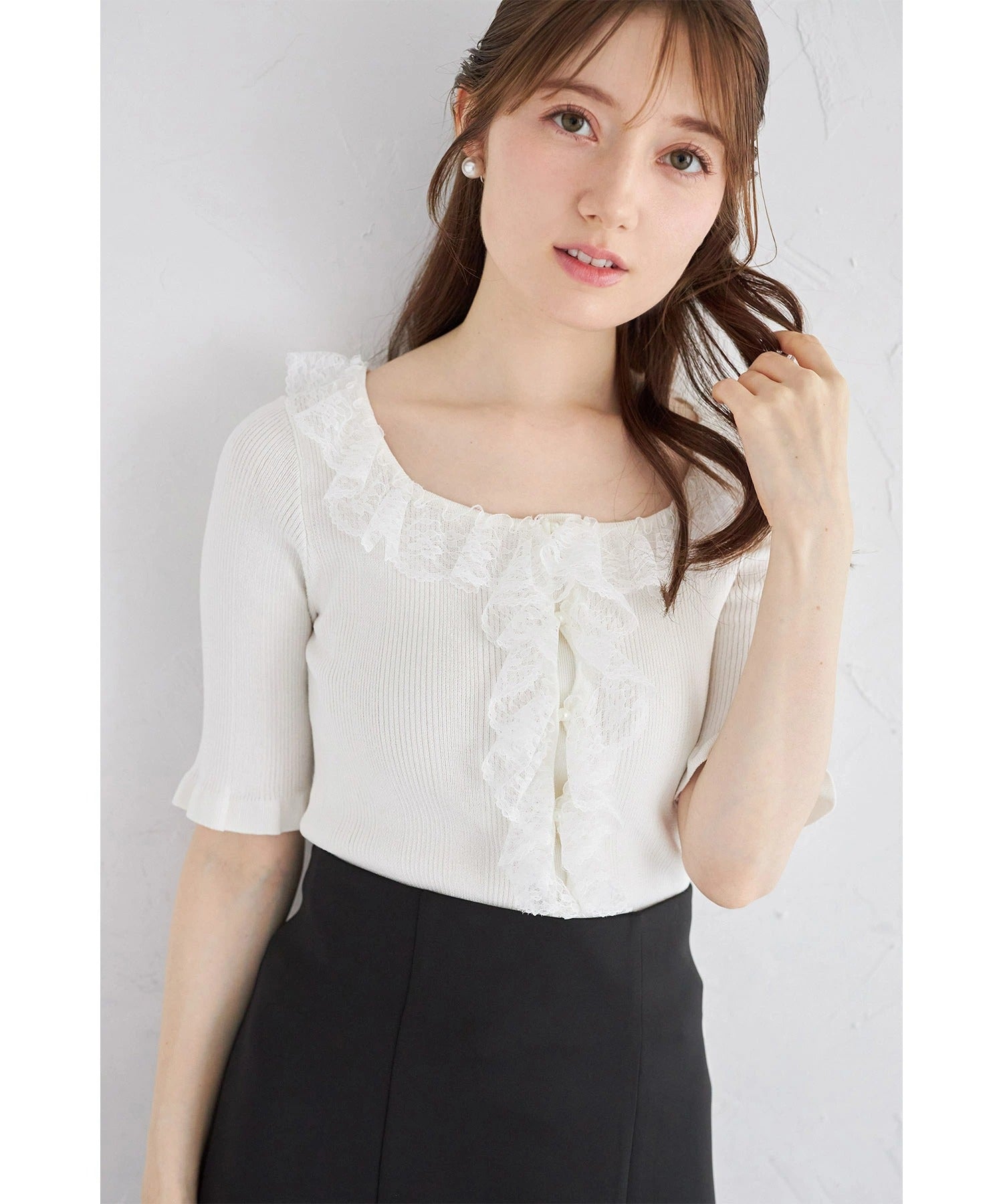 トッコクローゼット tocco closet スクエアネックレースフリルニットプルオーバー ホワイト