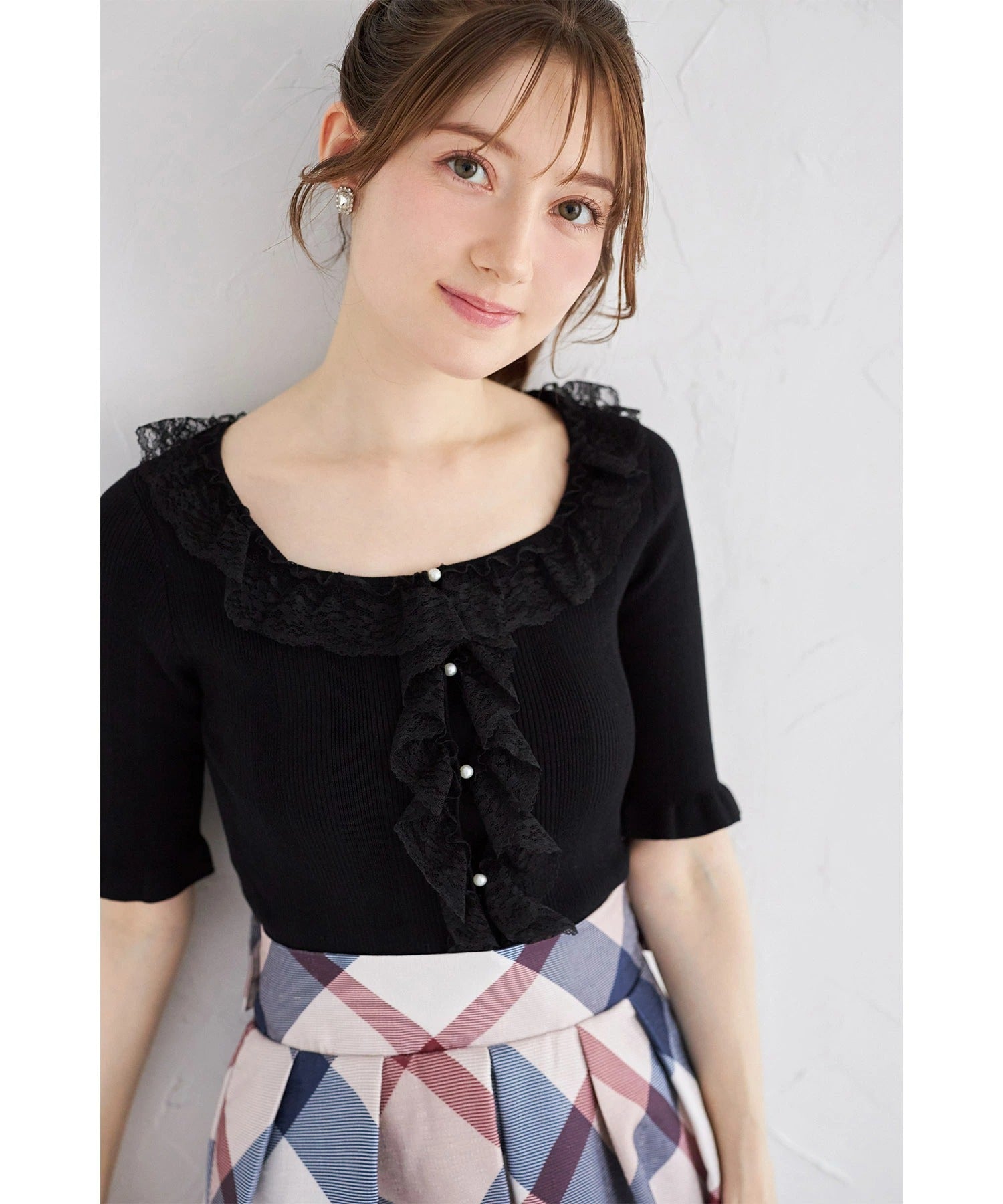 トッコクローゼット tocco closet スクエアネックレースフリルニットプルオーバー ブラック