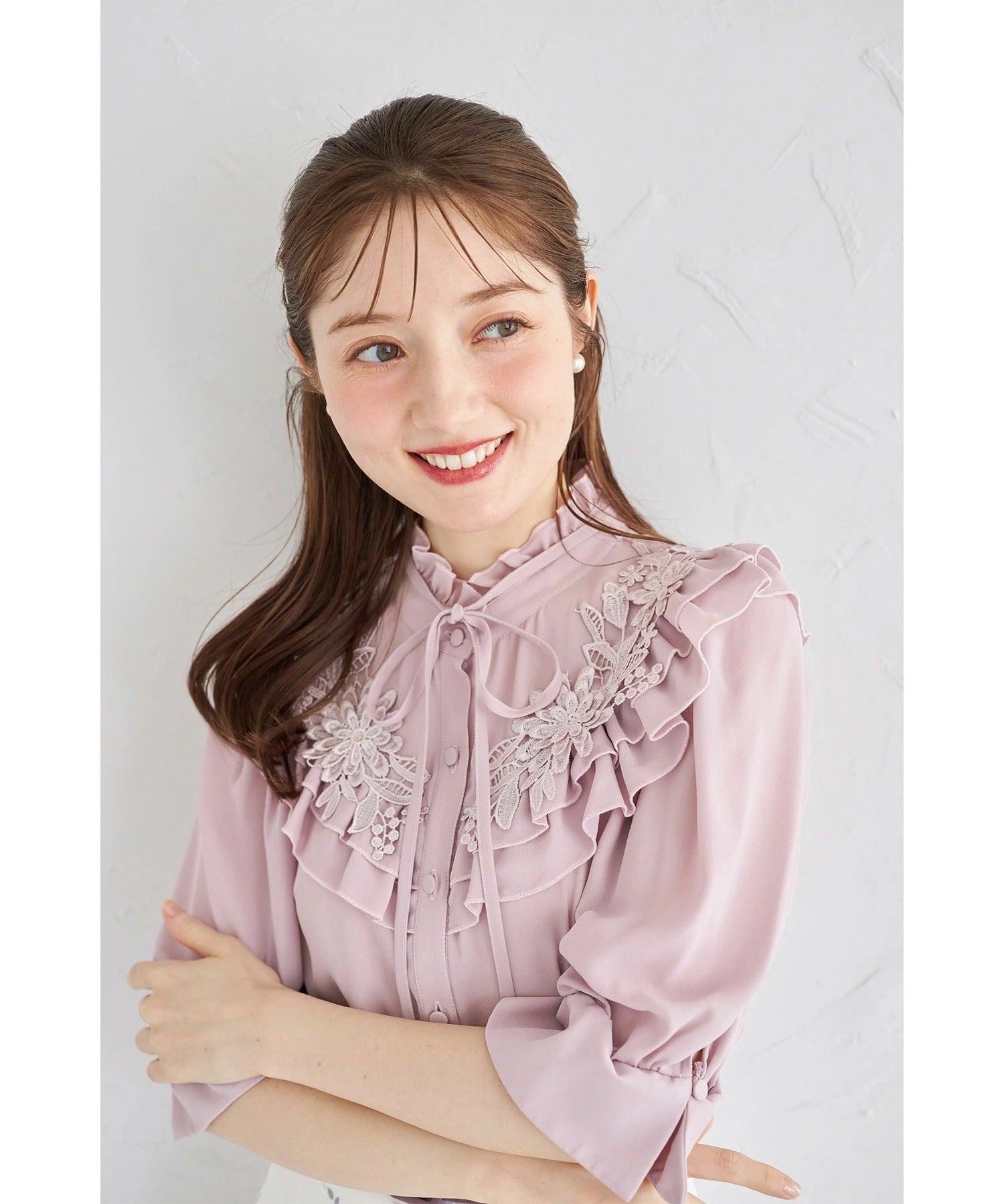 トッコクローゼット tocco closet リボン付きフラワーモチーフレース×フリルブラウス ピンク