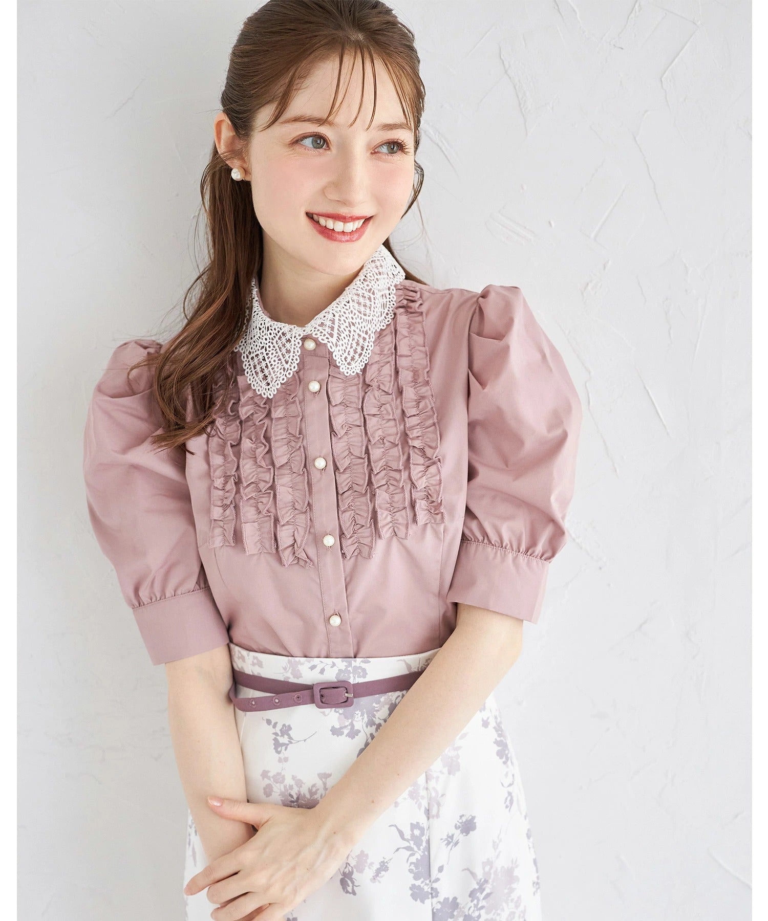 トッコクローゼット tocco closet 2WAYレース襟付きパール釦フリルブラウス ピンク