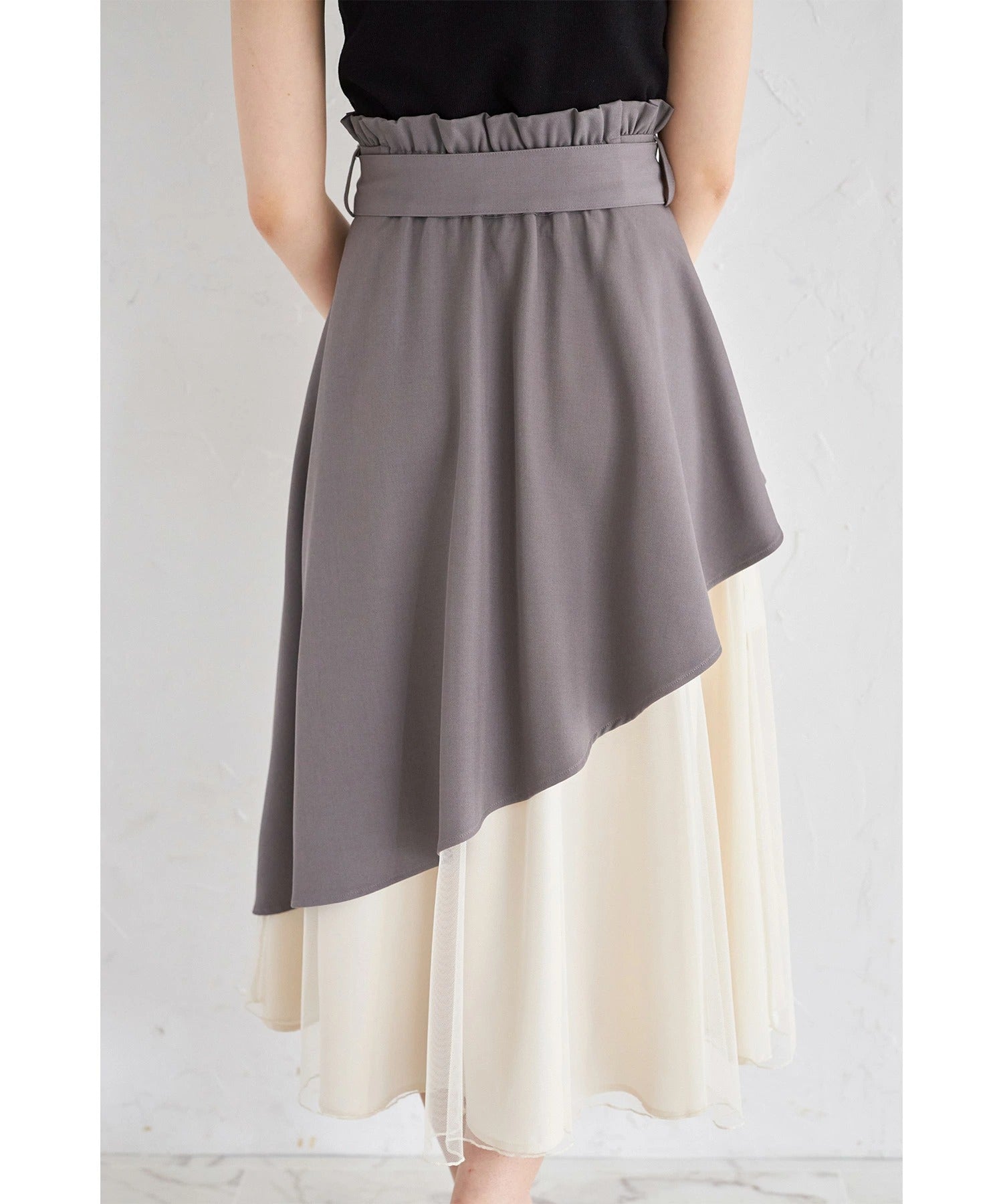 トッコクローゼット tocco closet ウエストリボン付きアシメフリル×チュールスカート グレー