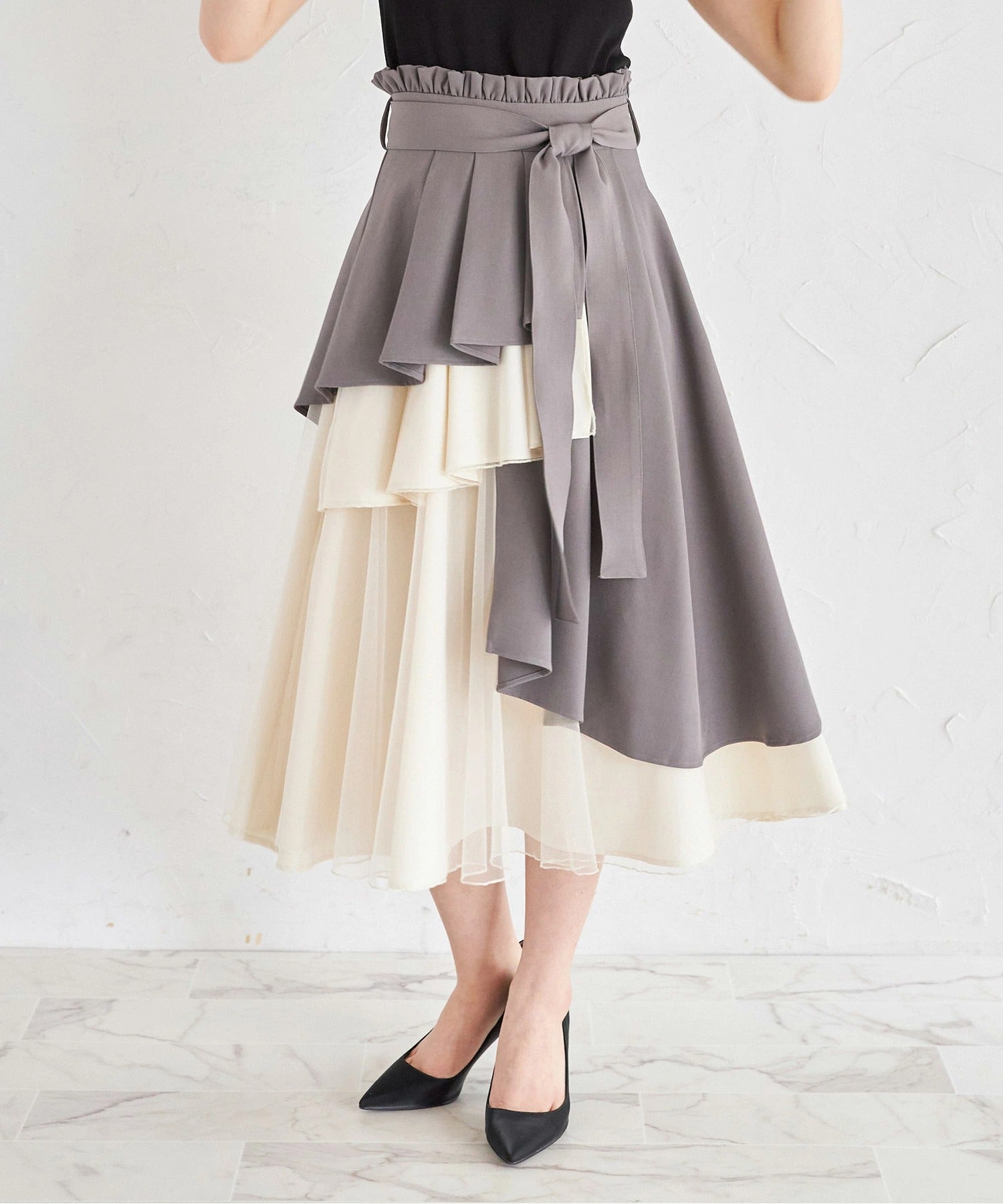 トッコクローゼット tocco closet ウエストリボン付きアシメフリル×チュールスカート グレー