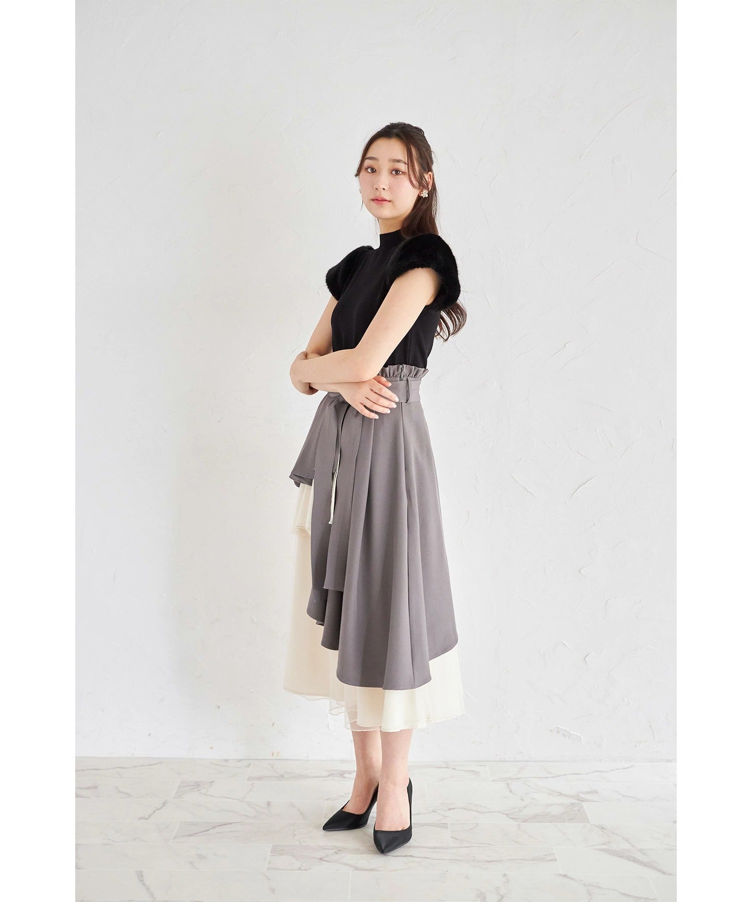 トッコクローゼット tocco closet ウエストリボン付きアシメフリル×チュールスカート グレー