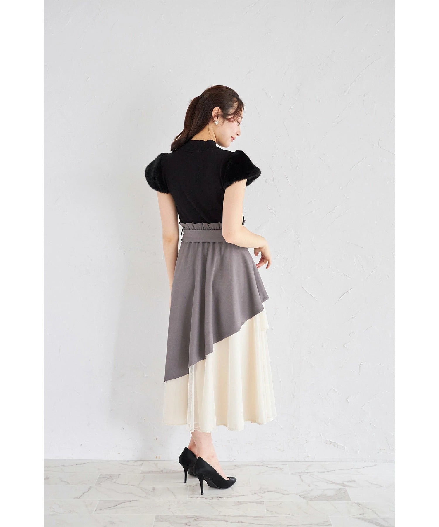 トッコクローゼット tocco closet ウエストリボン付きアシメフリル×チュールスカート グレー