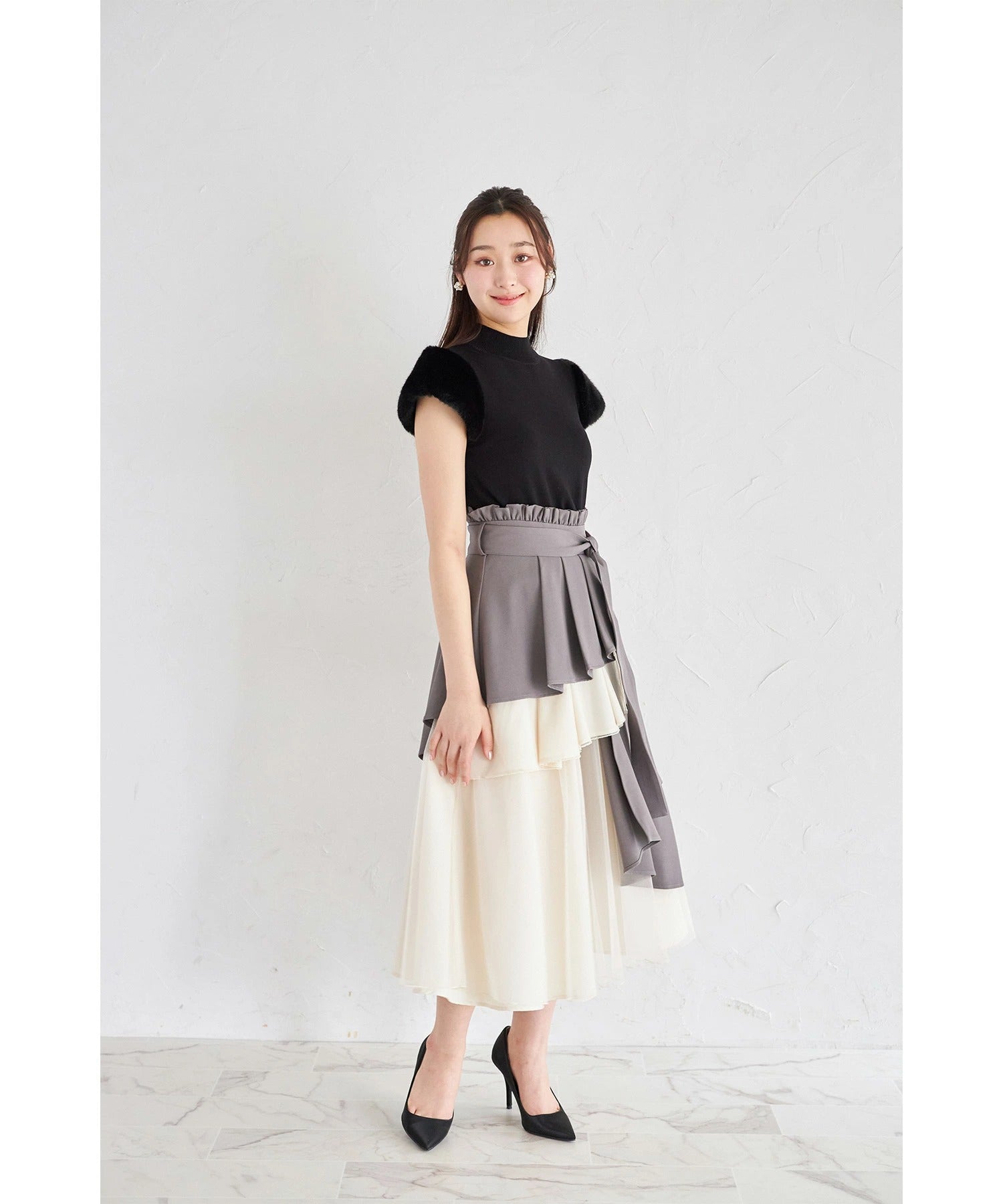 トッコクローゼット tocco closet ウエストリボン付きアシメフリル×チュールスカート グレー
