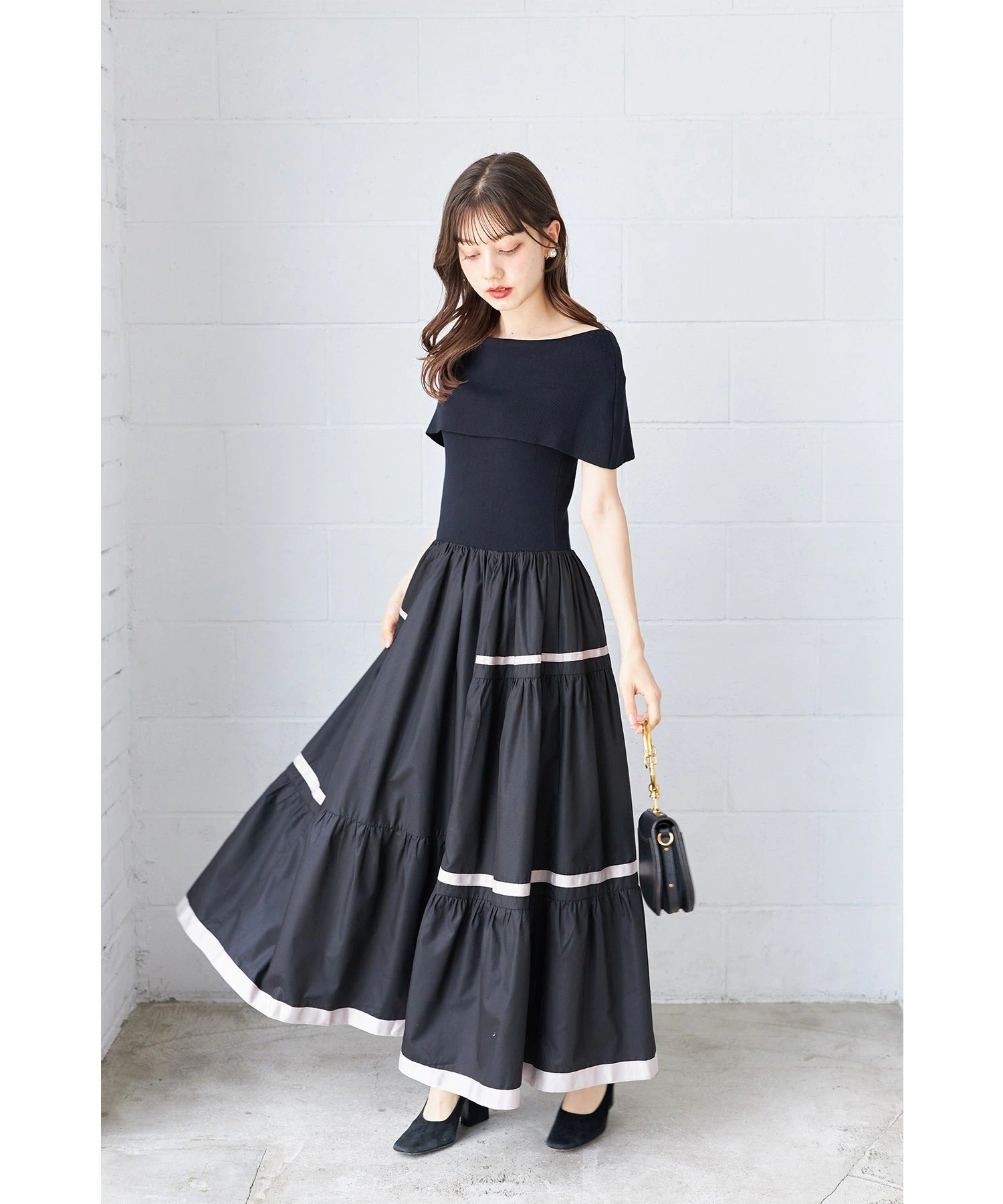 トッコクローゼット tocco closet 配色ラインニットドッキングティアードワンピース ブラック