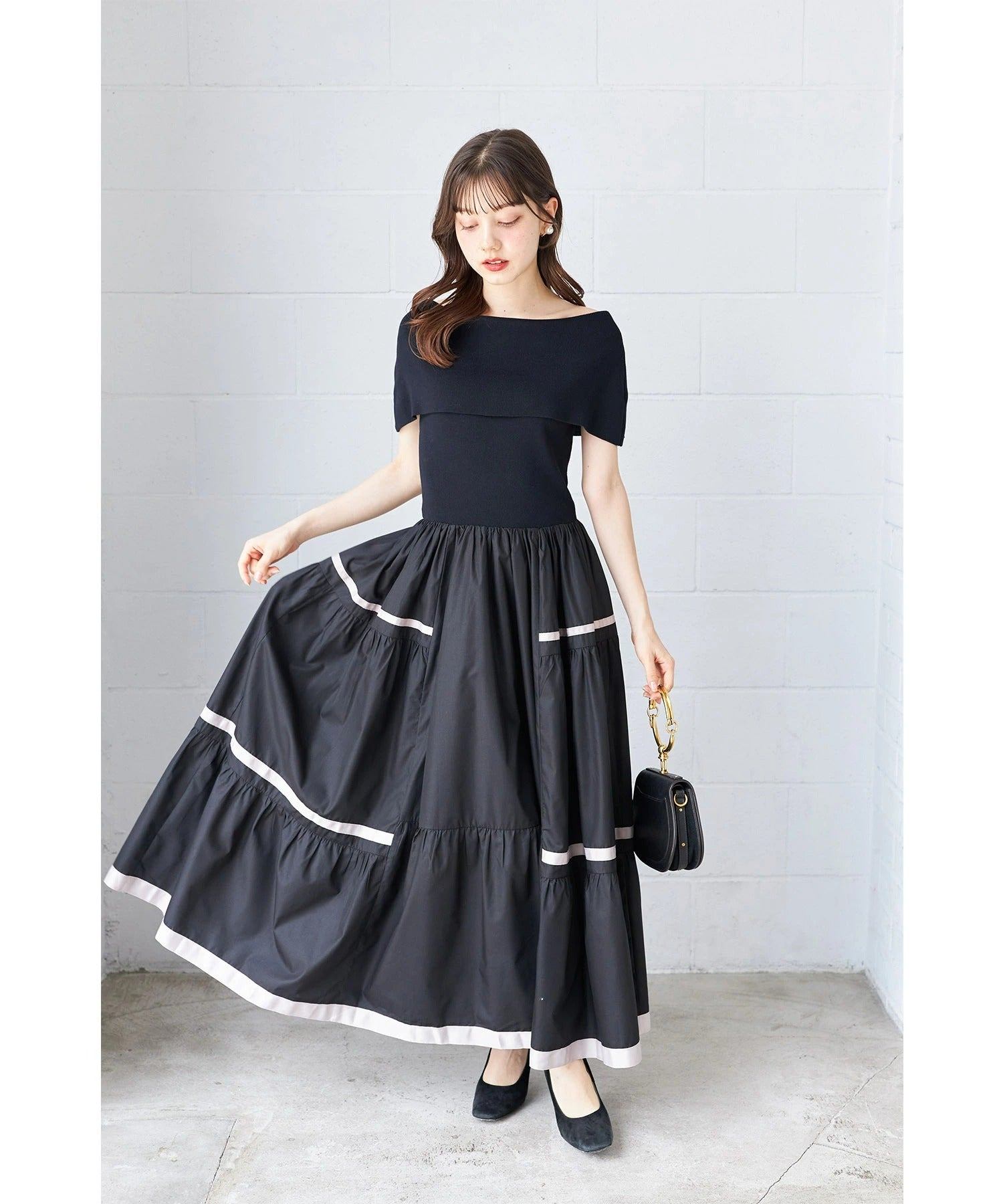 トッコクローゼット tocco closet 配色ラインニットドッキングティアードワンピース ブラック