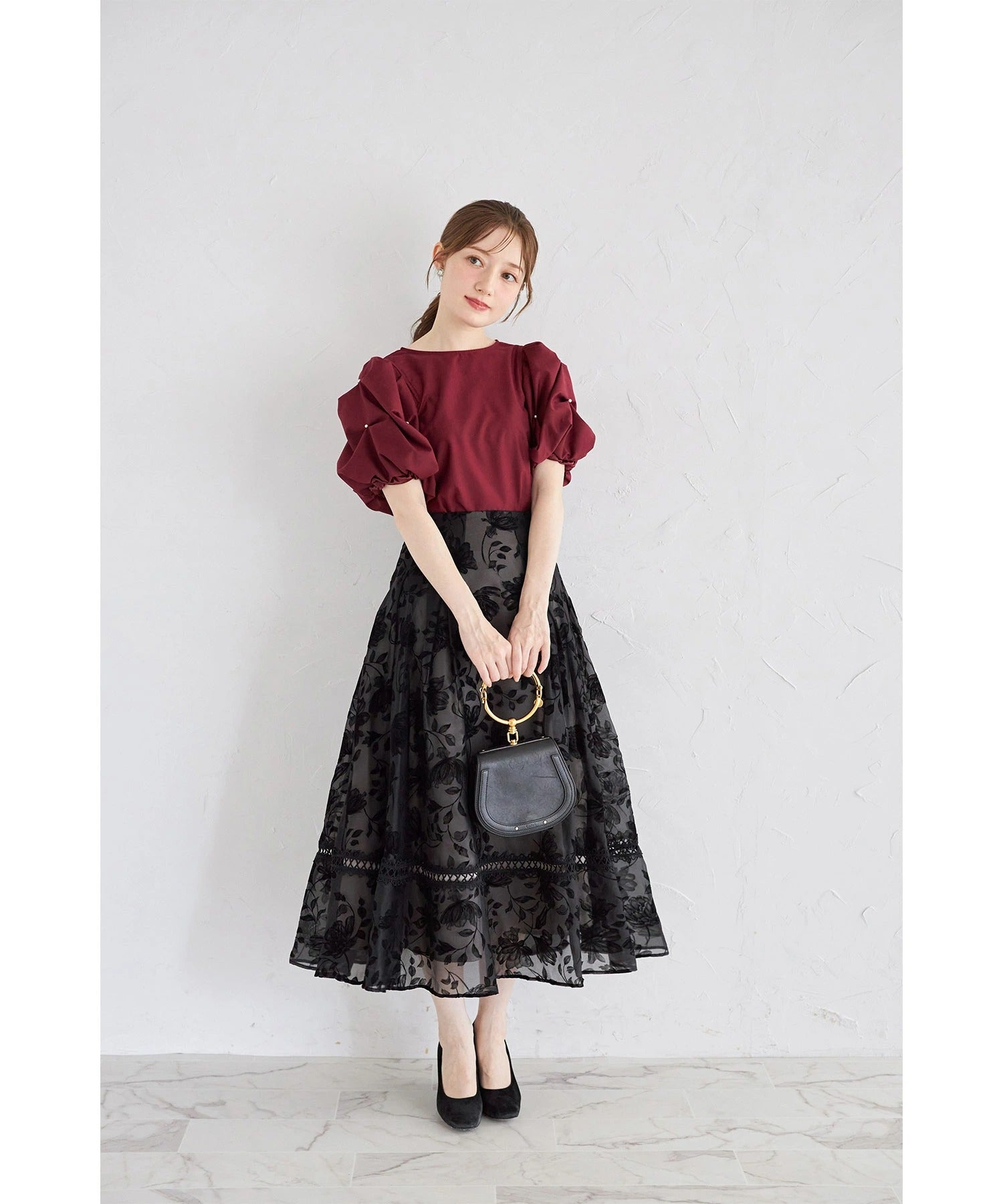 トッコクローゼット tocco closet バックレースアップシアーフロッキーフラワータックボリュームフレアスカート ブラック