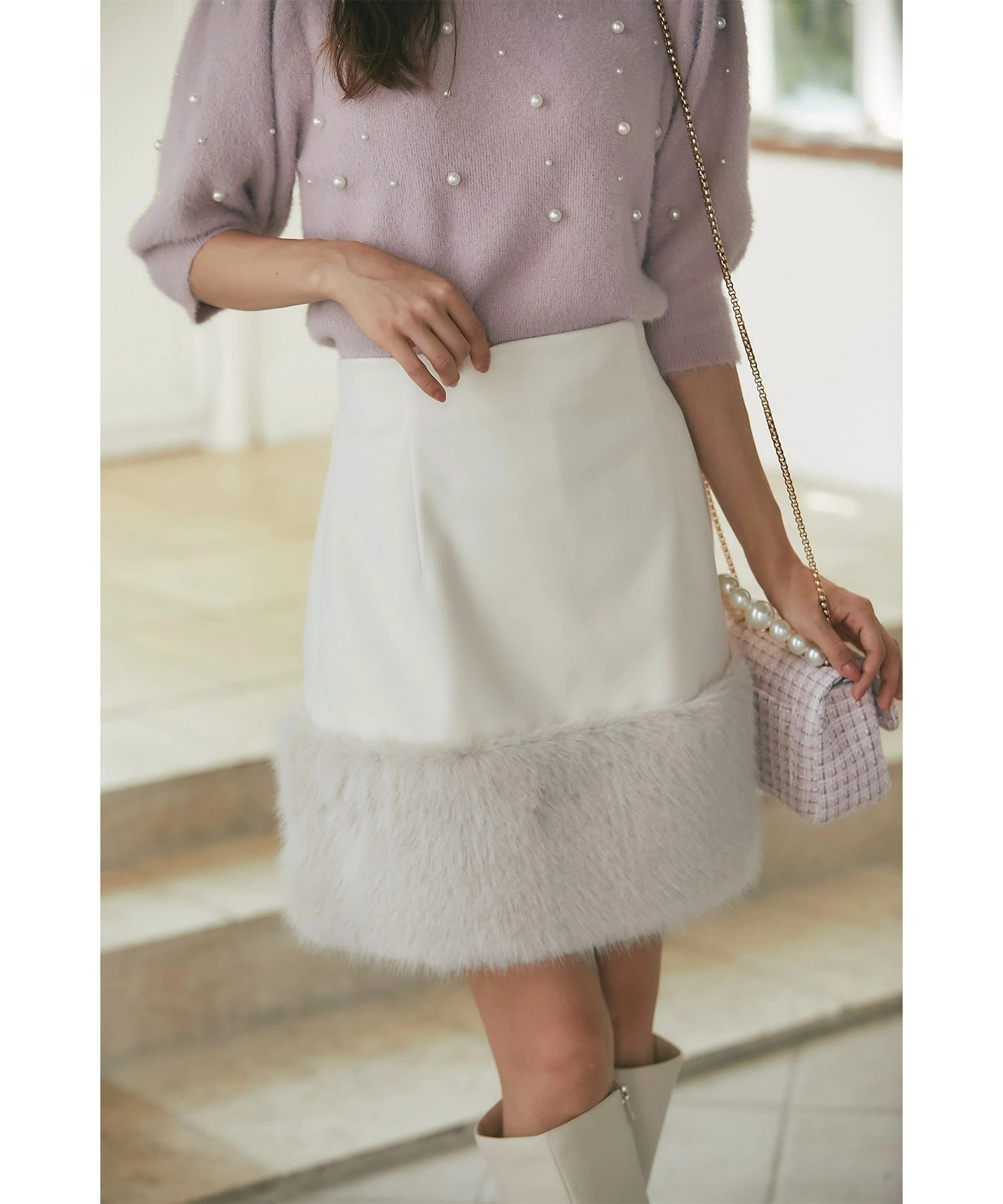 トッコクローゼット tocco closet インナーパンツ付き裾ファー切り替えミニスカート ベージュ