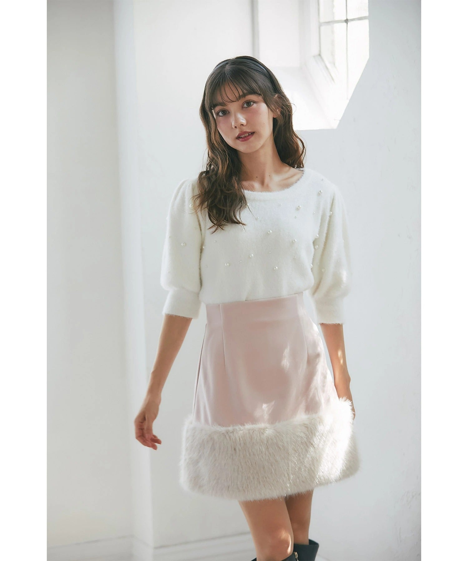 トッコクローゼット tocco closet インナーパンツ付き裾ファー切り替えミニスカート ピンク