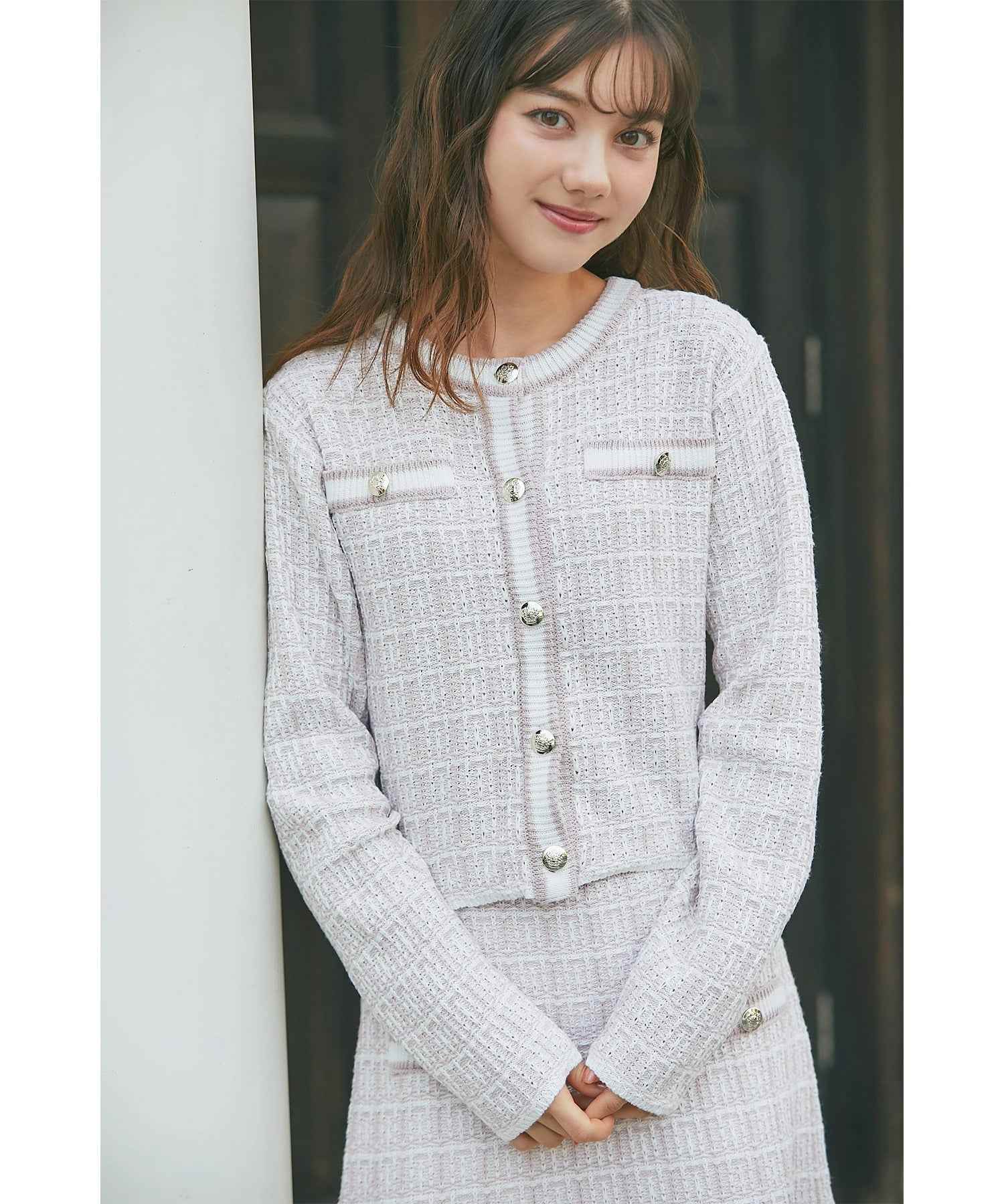 トッコクローゼット tocco closet エンブレム釦ツイード風ニットカーディガン ピンク