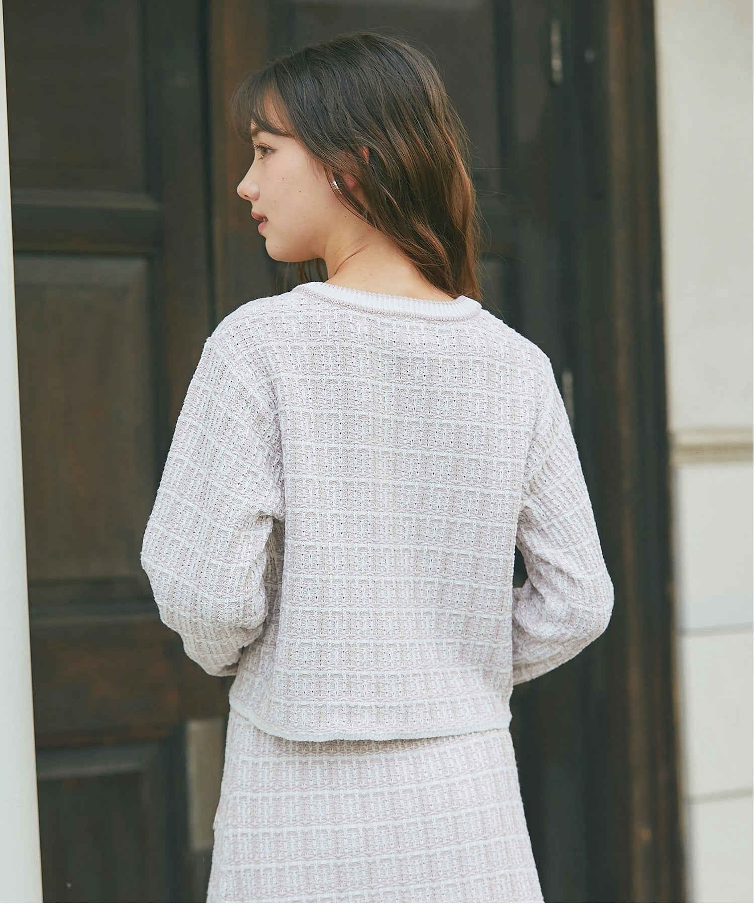 トッコクローゼット tocco closet エンブレム釦ツイード風ニットカーディガン ピンク