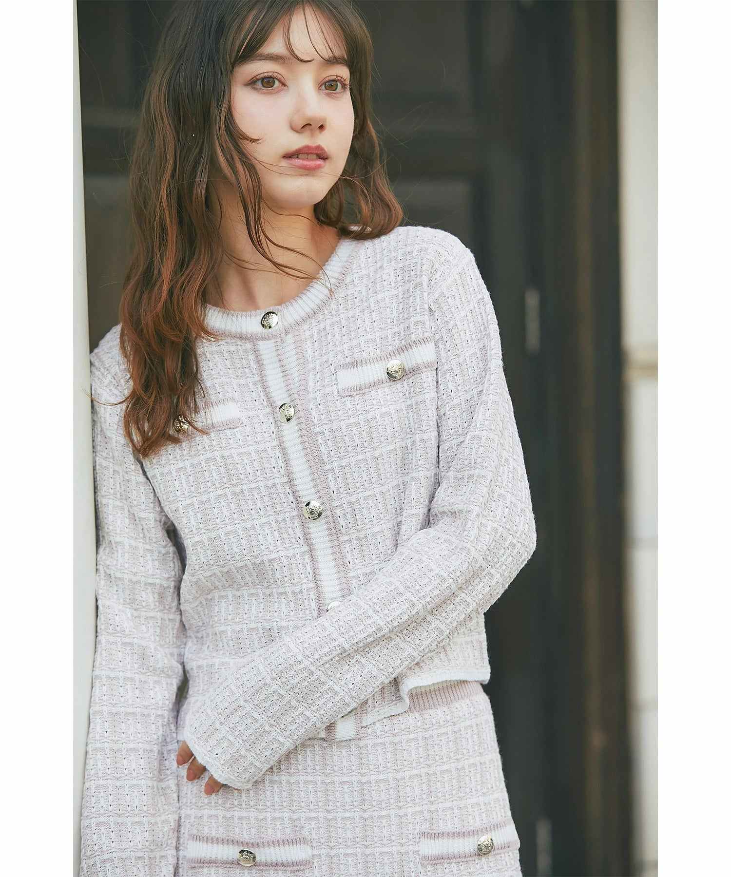 トッコクローゼット tocco closet エンブレム釦ツイード風ニットカーディガン ピンク