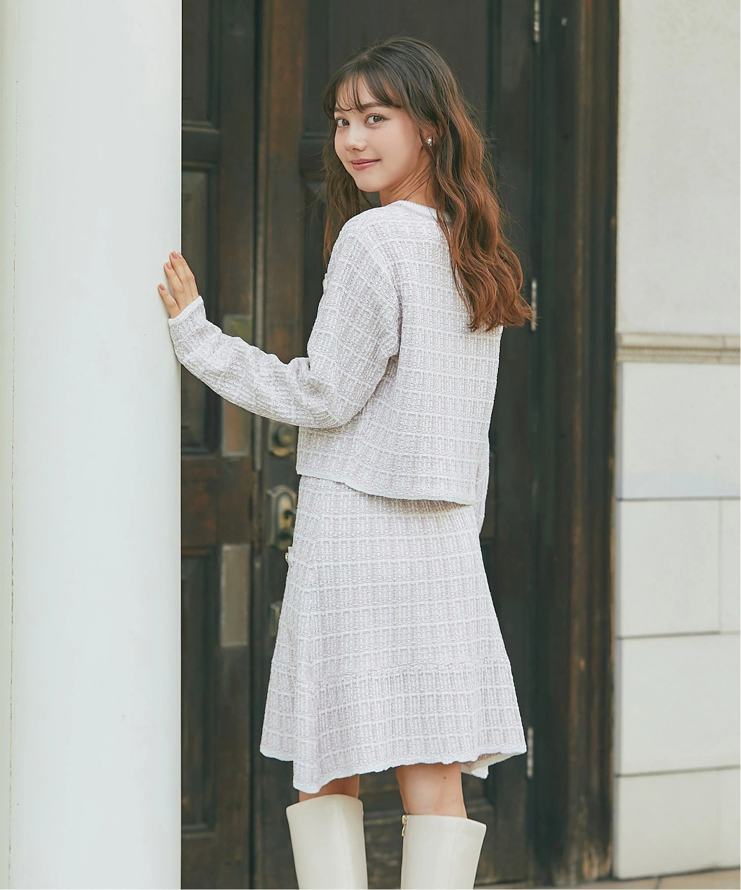 トッコクローゼット tocco closet エンブレム釦ツイード風ニットカーディガン ピンク