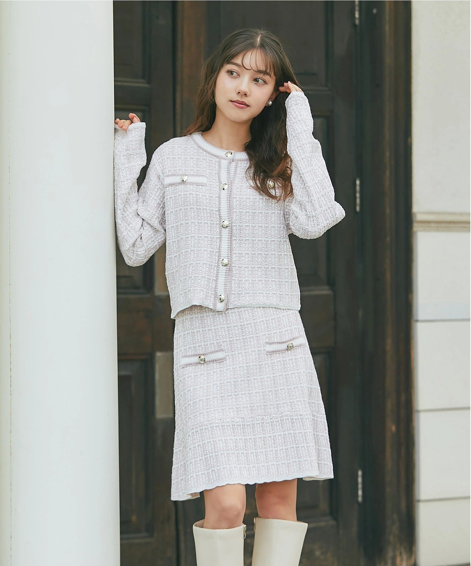 トッコクローゼット tocco closet エンブレム釦ツイード風ニットカーディガン ピンク