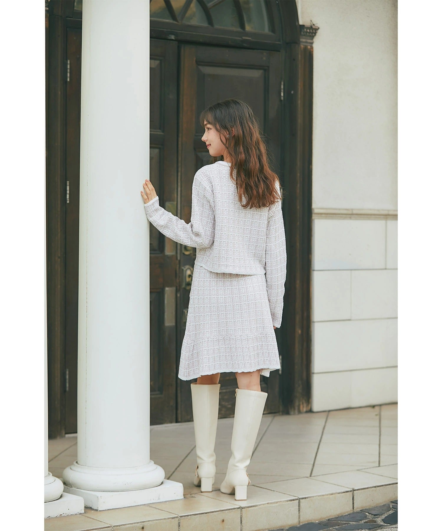 トッコクローゼット tocco closet エンブレム釦ツイード風ニットカーディガン ピンク