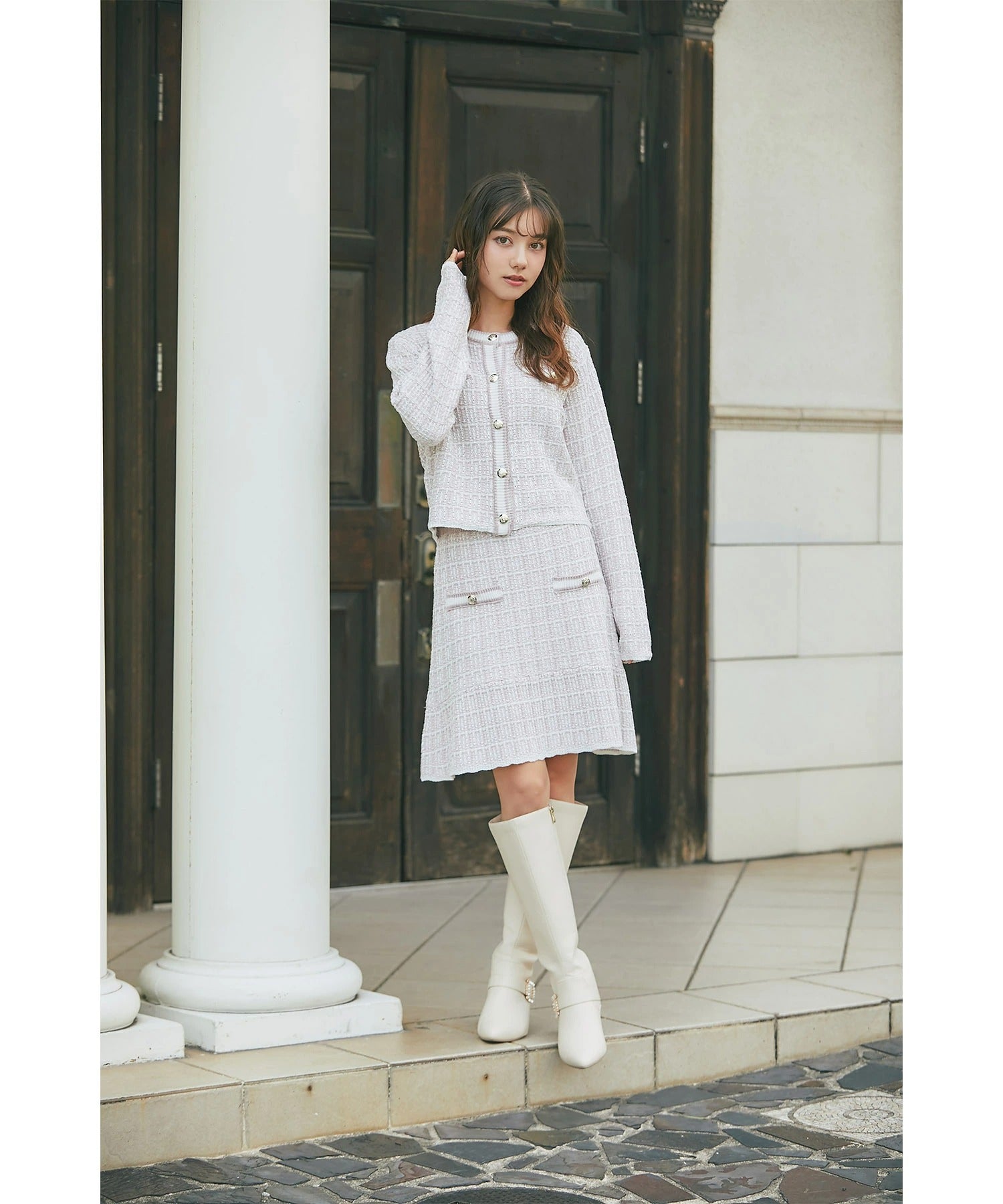 トッコクローゼット tocco closet エンブレム釦ツイード風ニットカーディガン ピンク