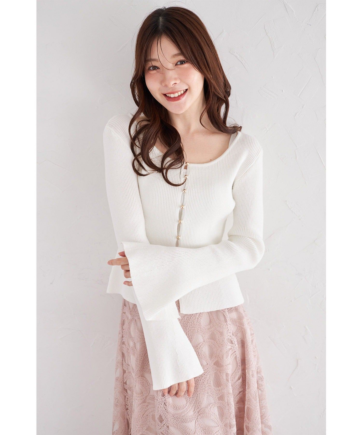 トッコクローゼット tocco closet フレアスリーブラメリブニットプルオーバー ホワイト