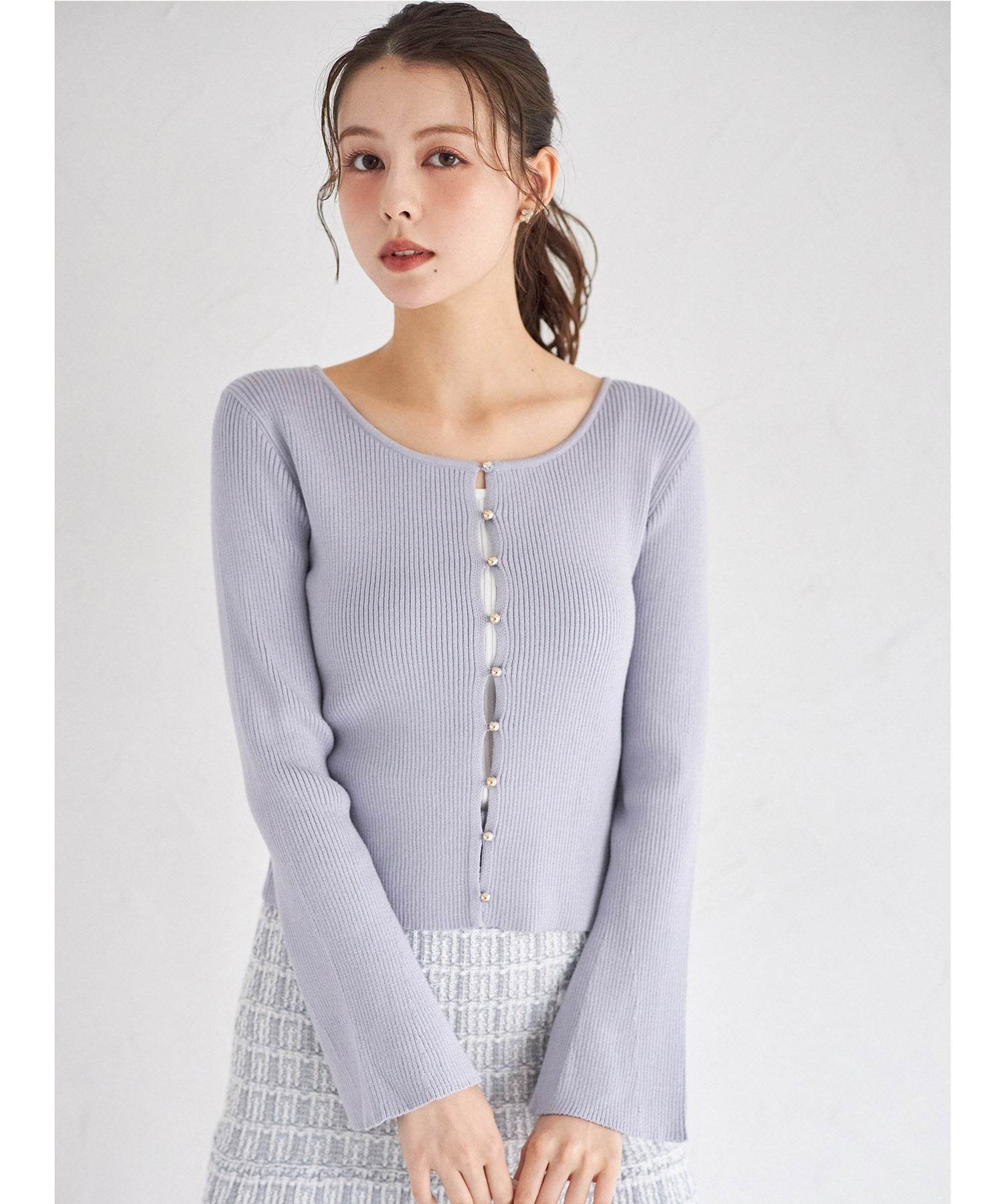 トッコクローゼット tocco closet フレアスリーブラメリブニットプルオーバー ブルー