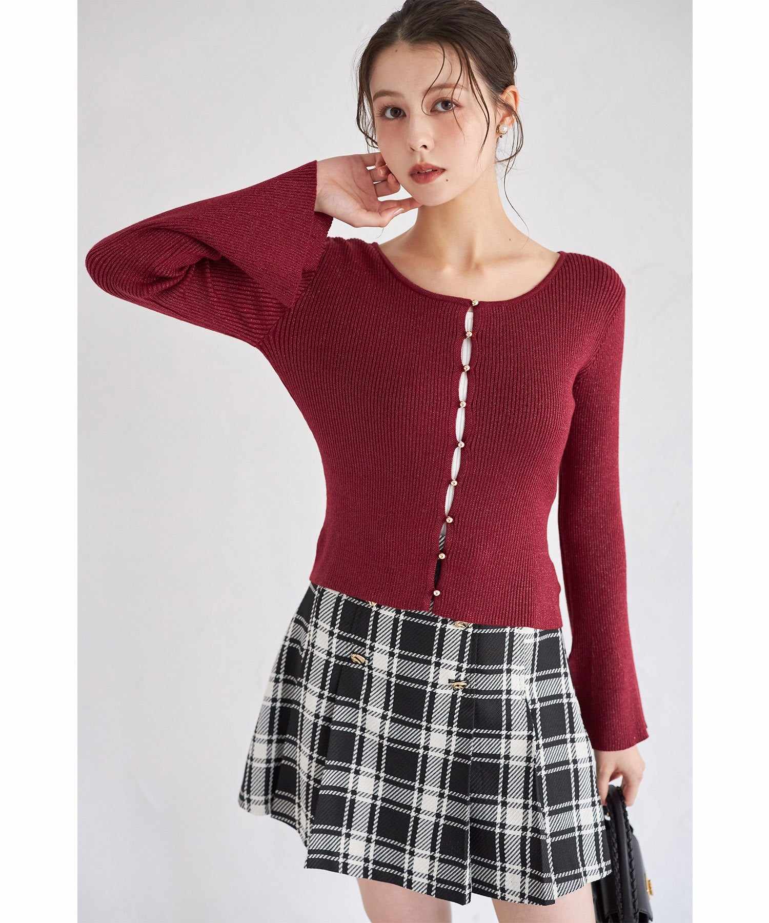 トッコクローゼット tocco closet フレアスリーブラメリブニットプルオーバー レッド